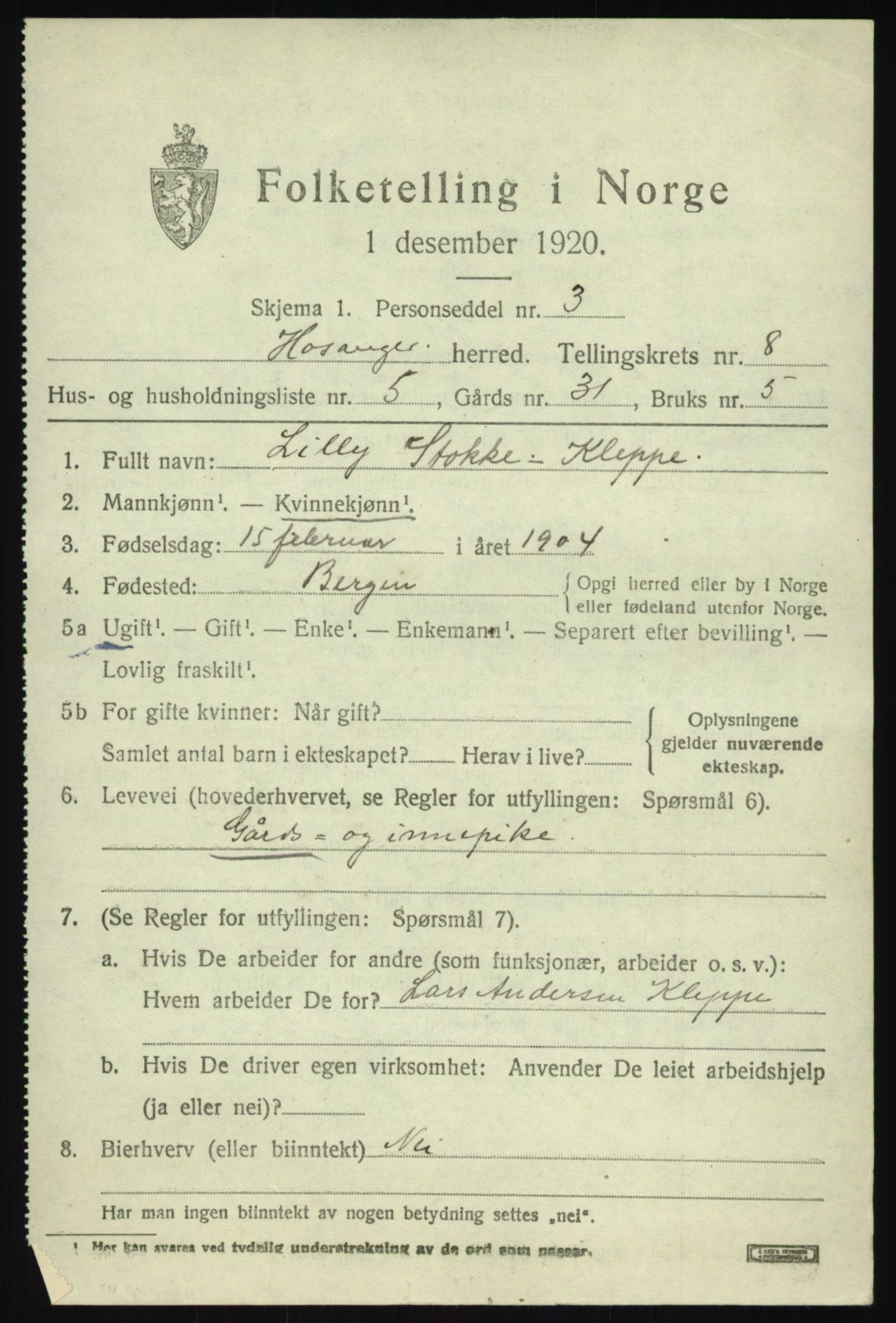 SAB, 1920 census for Hosanger, 1920, p. 3411