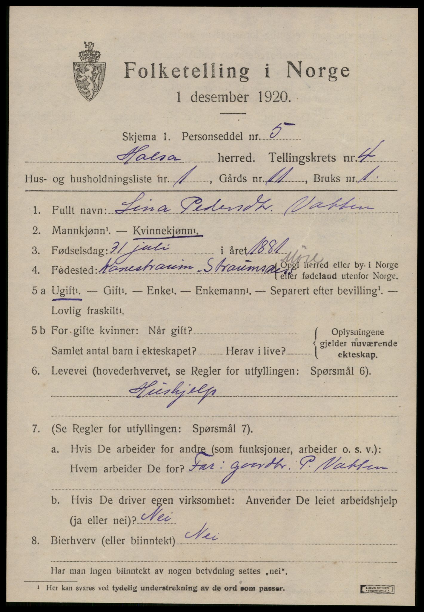 SAT, 1920 census for Halsa, 1920, p. 1631