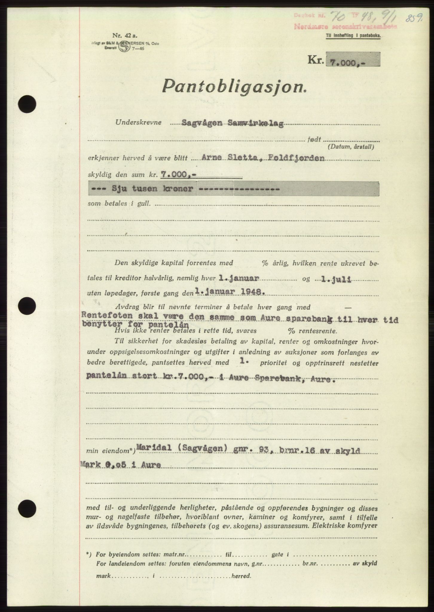 Nordmøre sorenskriveri, AV/SAT-A-4132/1/2/2Ca: Mortgage book no. B97, 1947-1948, Diary no: : 70/1948