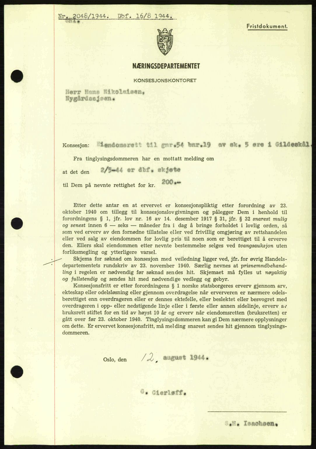 Salten sorenskriveri, AV/SAT-A-4578/1/2/2C: Mortgage book no. A14-15, 1943-1945, Diary no: : 2048/1944