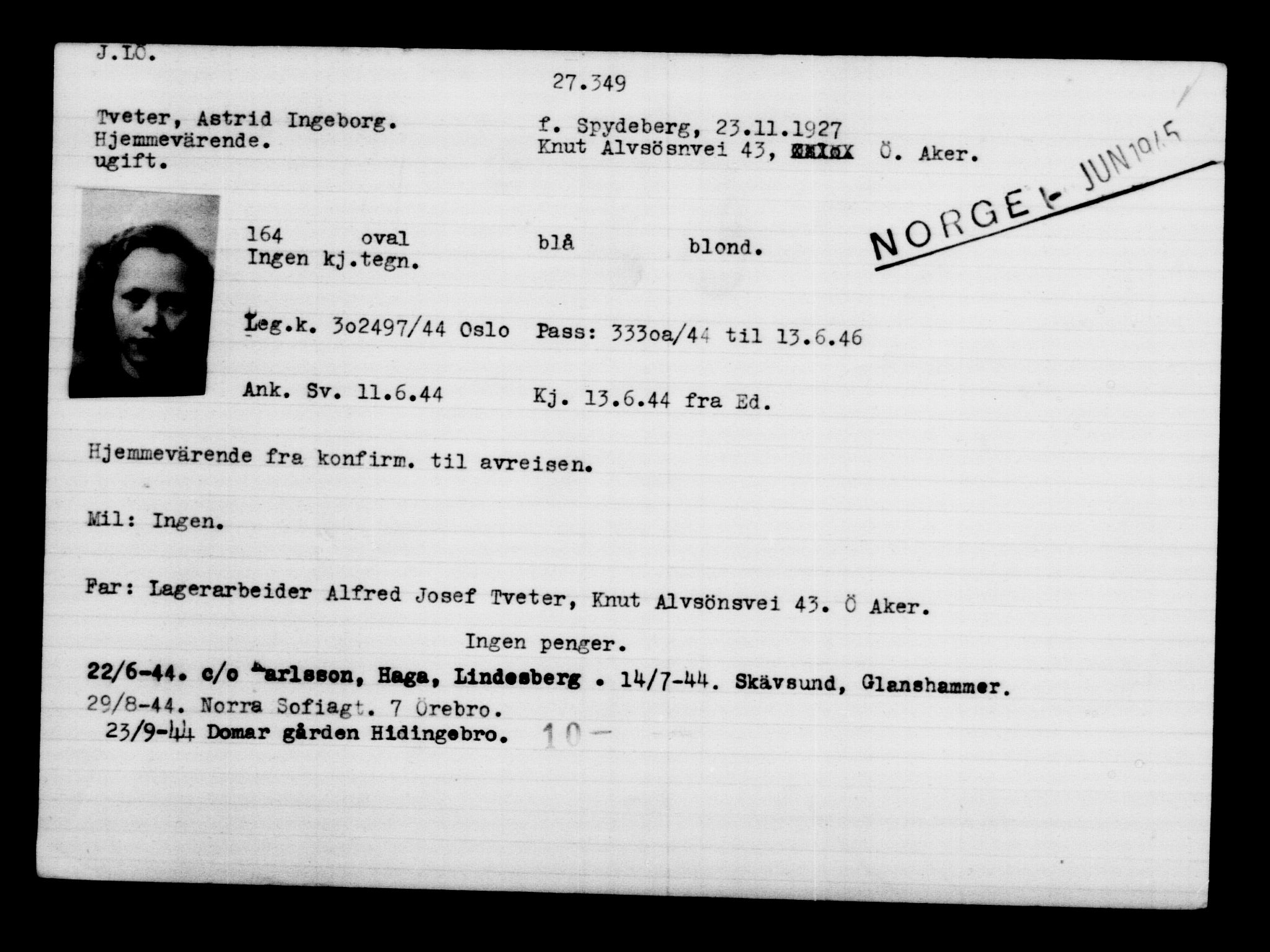 Utenriksstasjonene, Legasjonen i Stockholm, Flyktningkontoret, AV/RA-S-6753/V/Va/L0011: Kjesäterkartoteket, flyktninger med registreringsnr. 25300-28349, 1940-1945, p. 2165