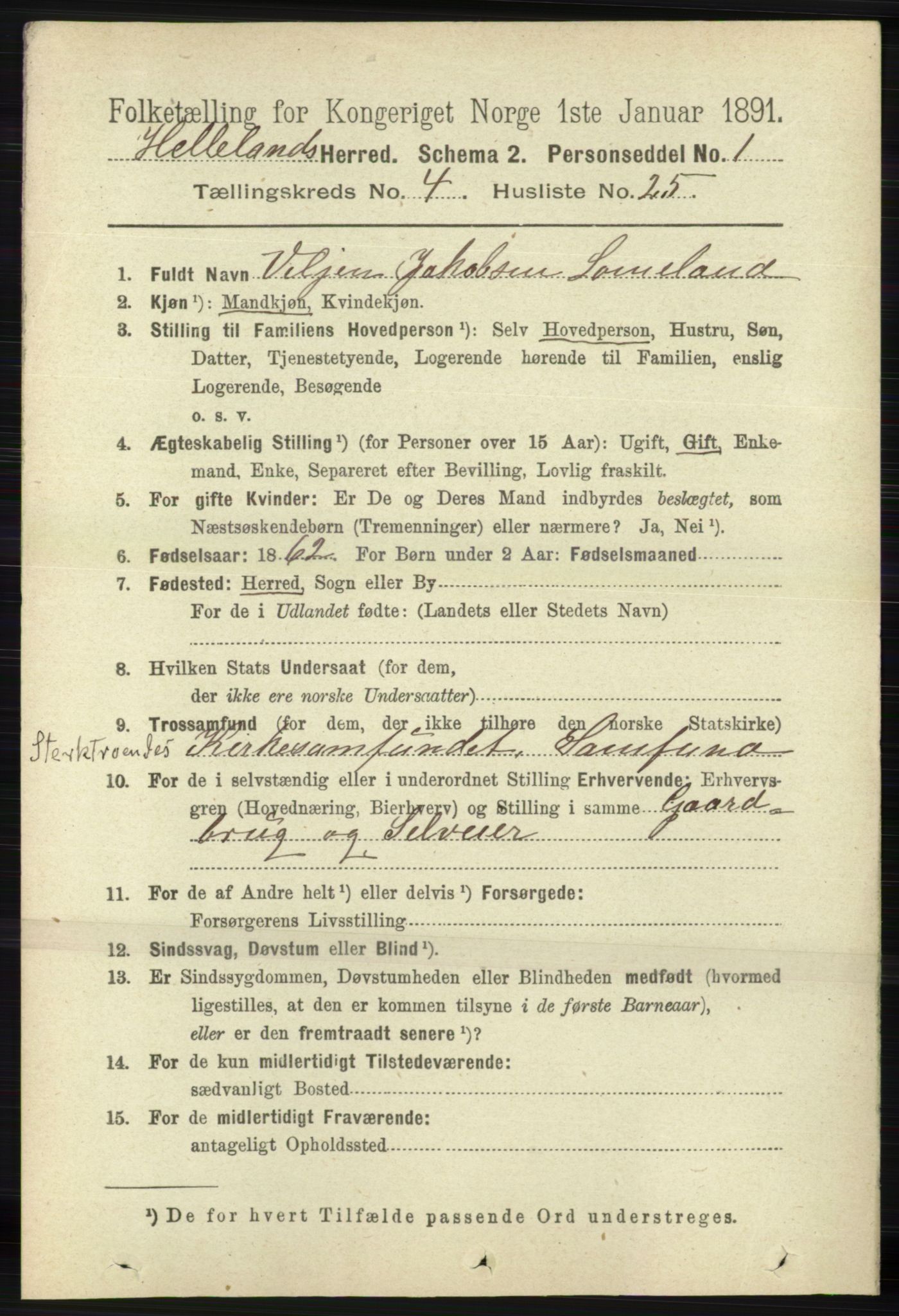 RA, 1891 census for 1115 Helleland, 1891, p. 1310
