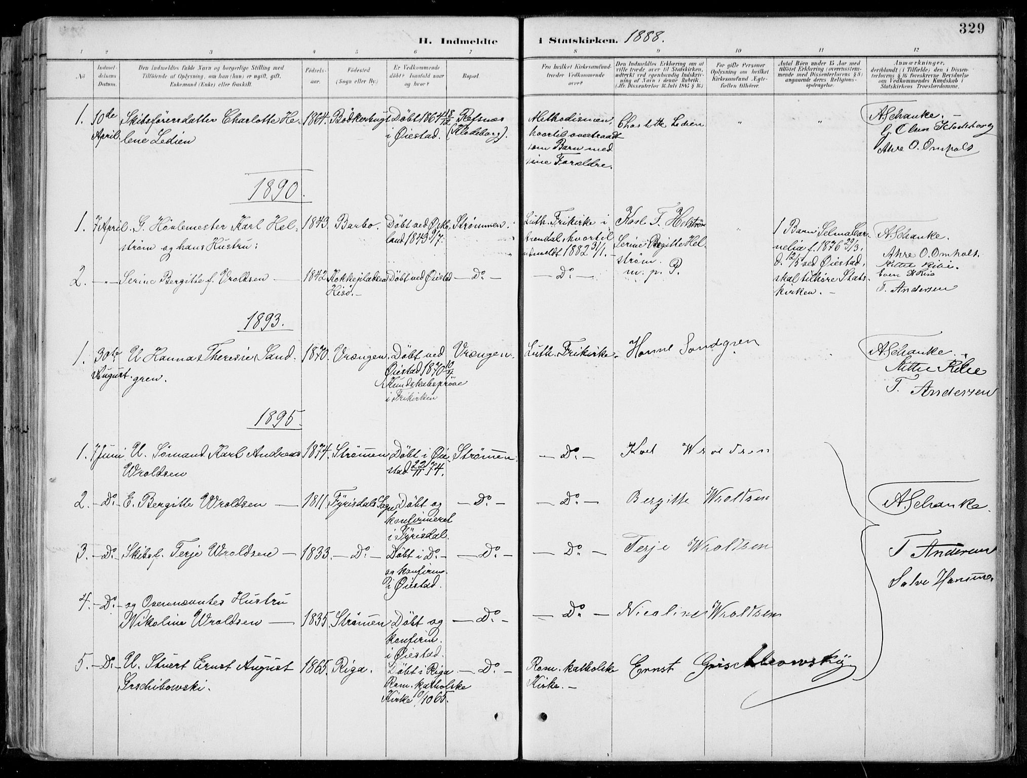 Øyestad sokneprestkontor, SAK/1111-0049/F/Fa/L0017: Parish register (official) no. A 17, 1887-1896, p. 329