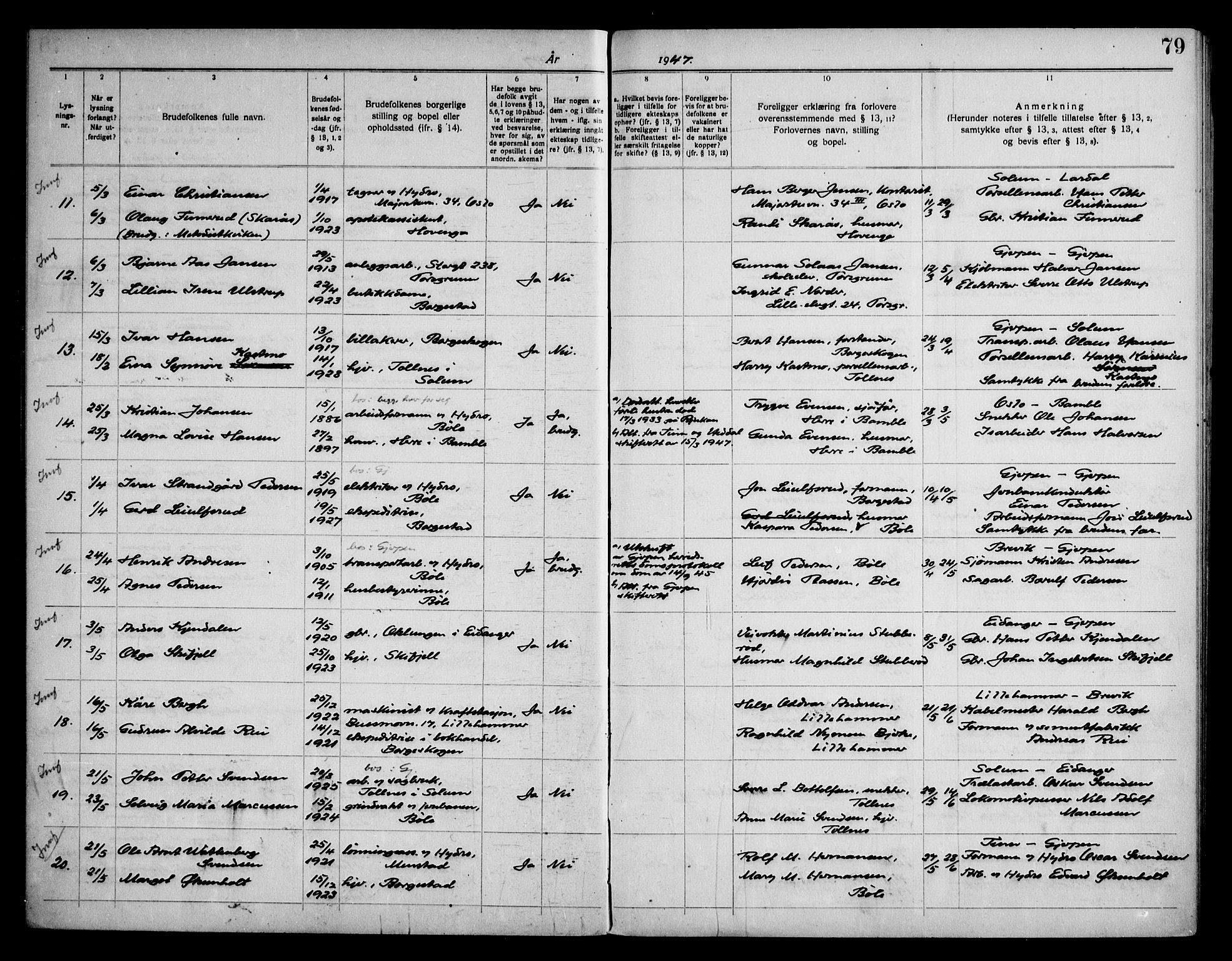 Gjerpen kirkebøker, SAKO/A-265/H/Hb/L0001: Banns register no. II 1, 1920-1950, p. 79