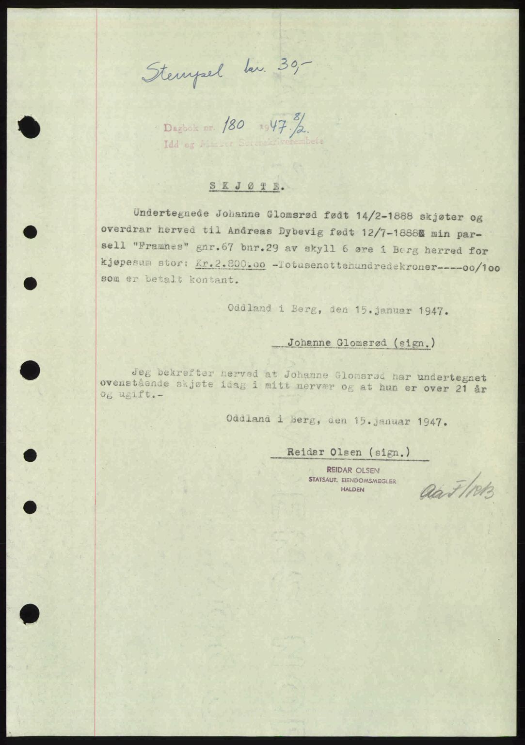 Idd og Marker sorenskriveri, SAO/A-10283/G/Gb/Gbb/L0009: Mortgage book no. A9, 1946-1947, Diary no: : 180/1947