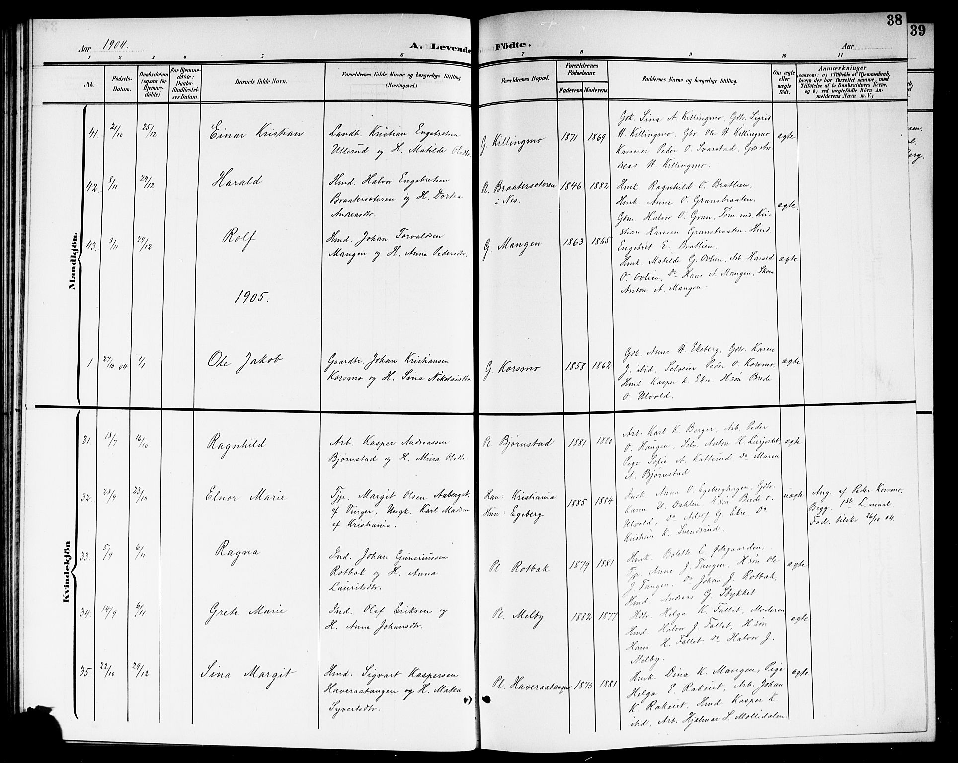 Aurskog prestekontor Kirkebøker, SAO/A-10304a/G/Ga/L0004: Parish register (copy) no. I 4, 1901-1921, p. 38