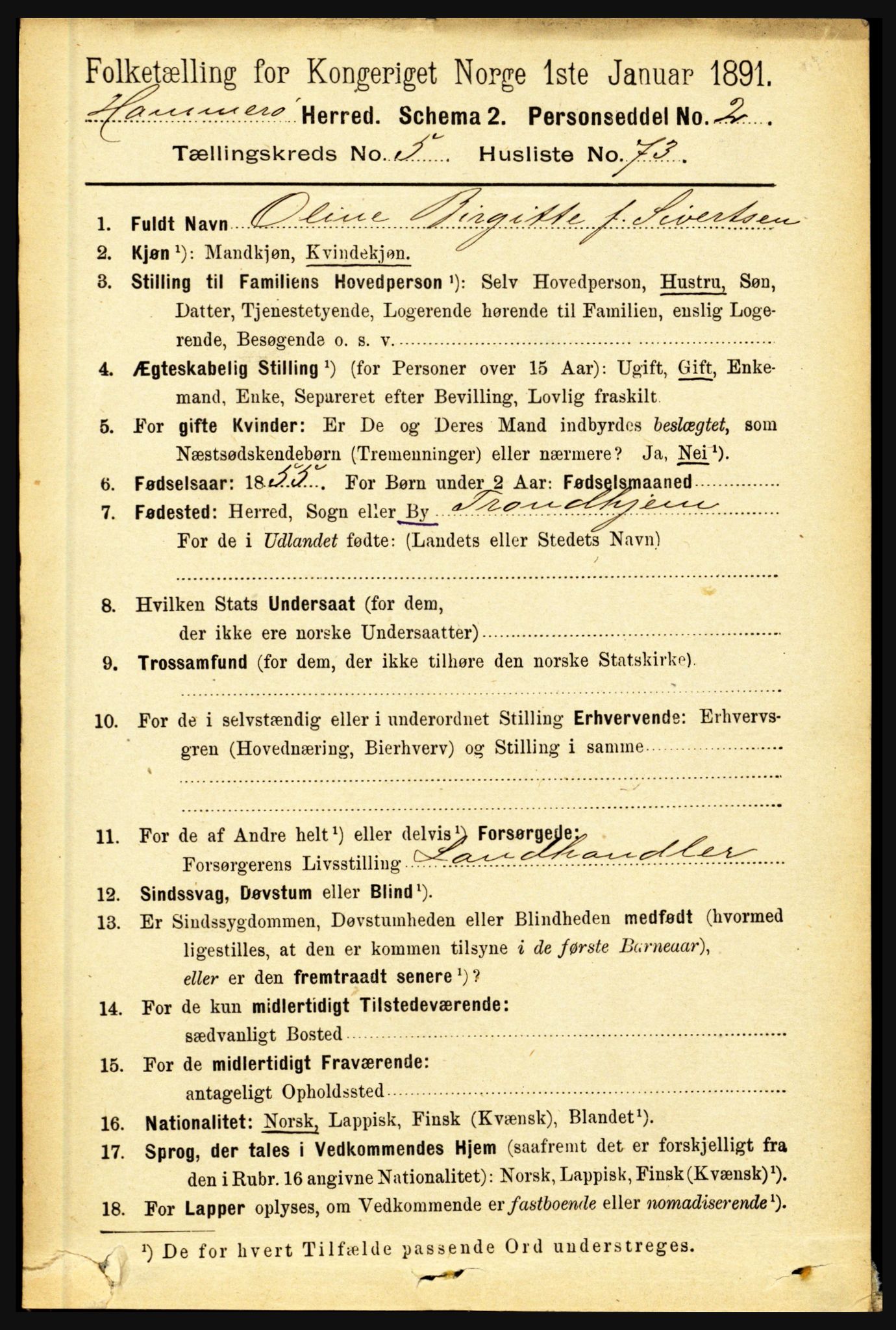 RA, 1891 census for 1849 Hamarøy, 1891, p. 2926