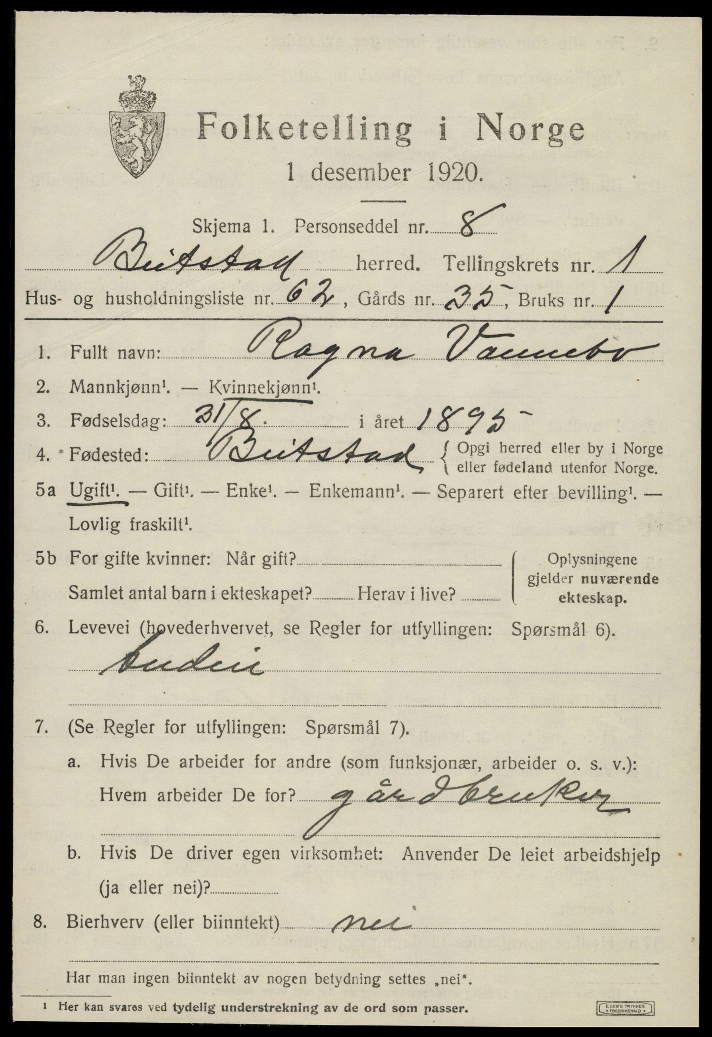 SAT, 1920 census for Beitstad, 1920, p. 1417