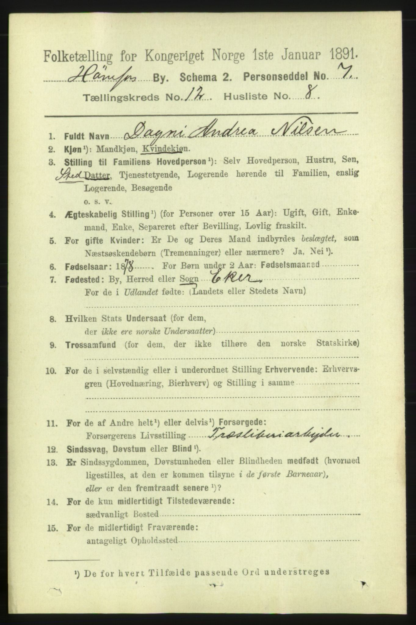 RA, 1891 census for 0601 Hønefoss, 1891, p. 1606