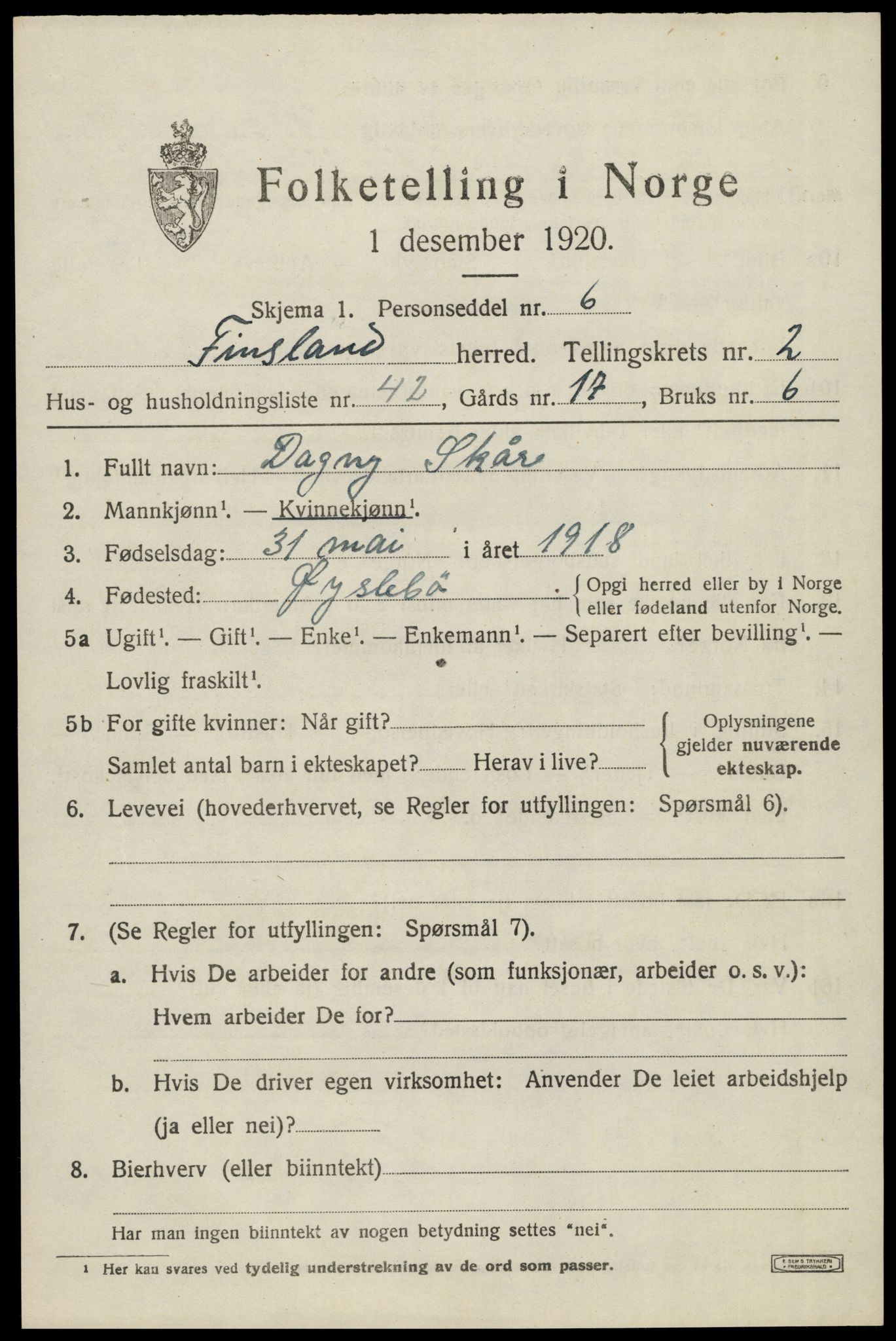 SAK, 1920 census for Finsland, 1920, p. 1180