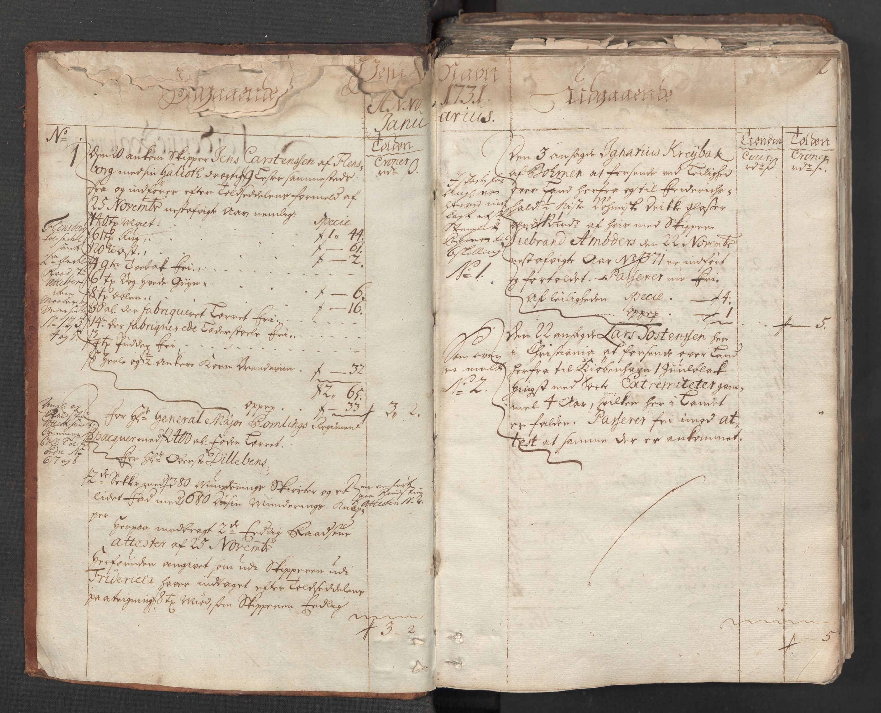 Generaltollkammeret, tollregnskaper, RA/EA-5490/R06/L0012/0001: Tollregnskaper Kristiania / Hovedtollbok, 1731, p. 1b-2a