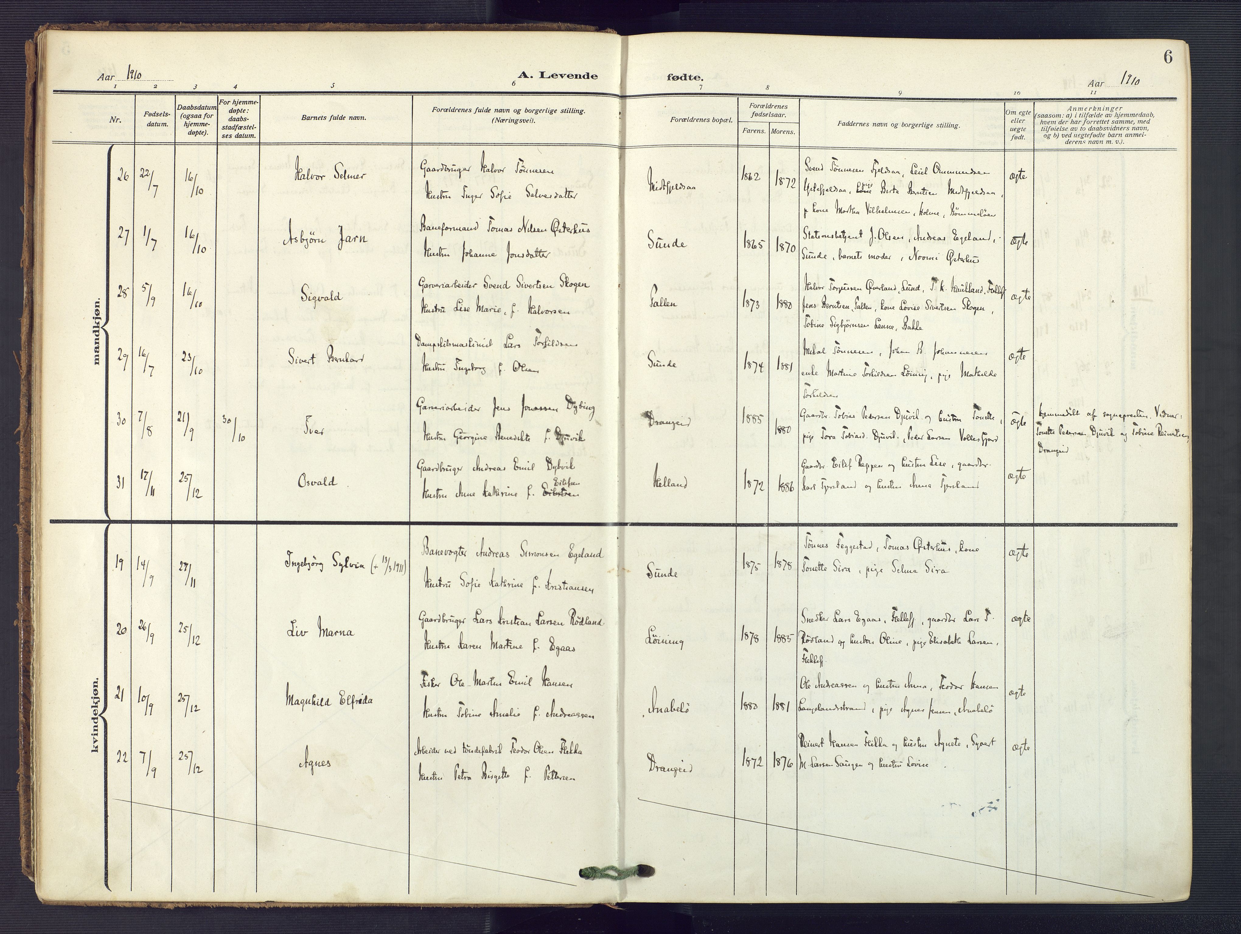 Flekkefjord sokneprestkontor, AV/SAK-1111-0012/F/Fa/Fac/L0010: Parish register (official) no. A 10, 1910-1927, p. 6