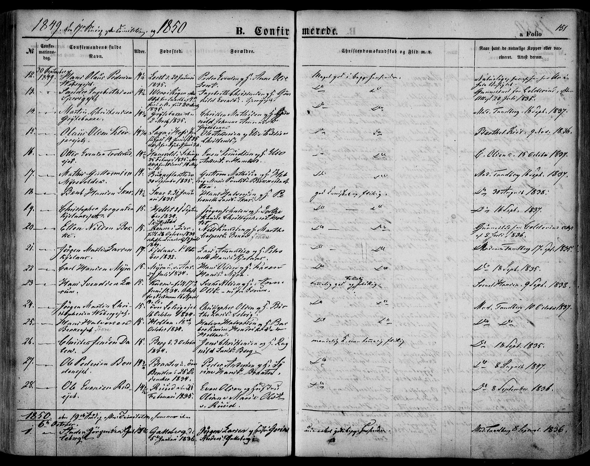 Sande Kirkebøker, AV/SAKO-A-53/F/Fa/L0004: Parish register (official) no. 4, 1847-1864, p. 151