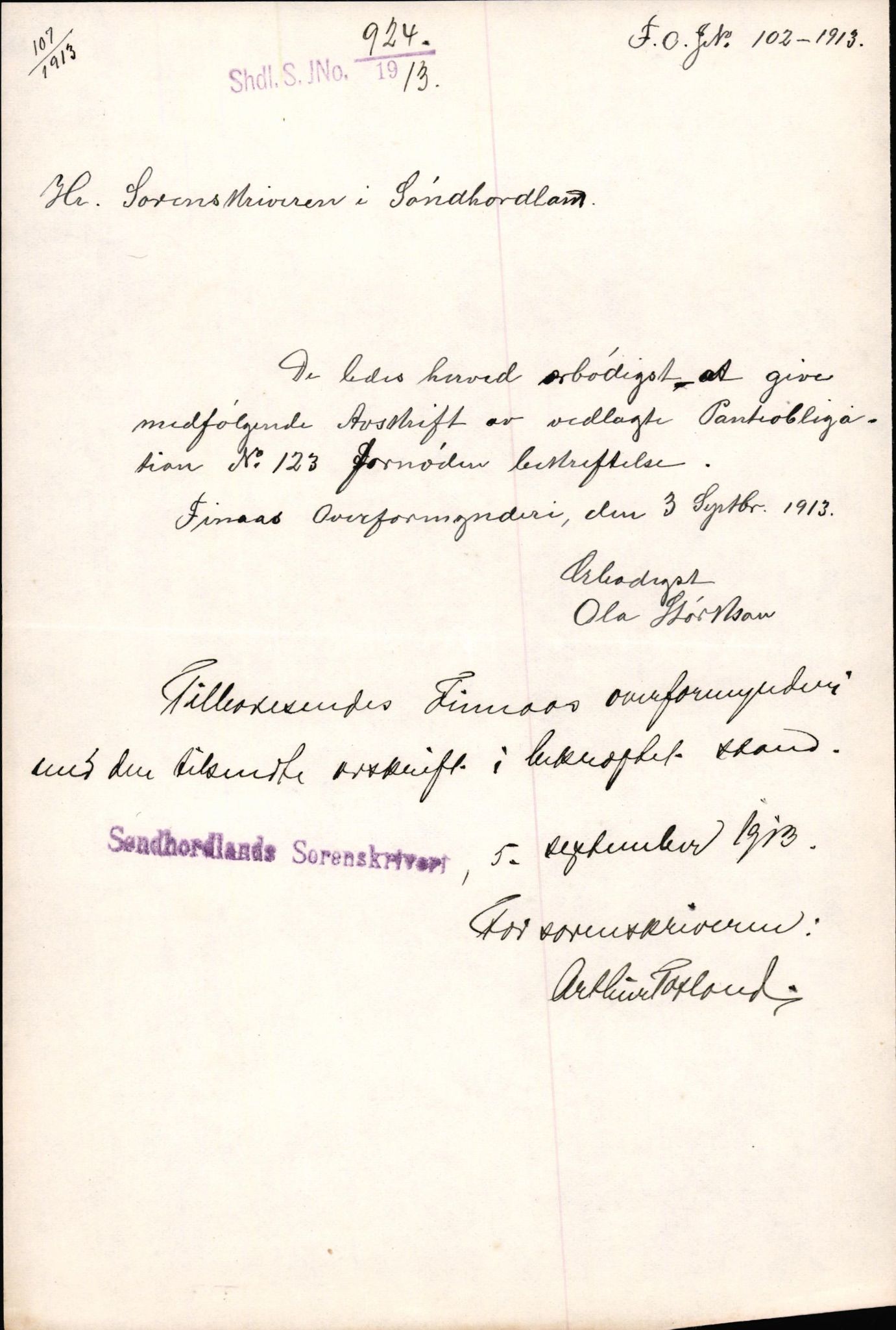 Finnaas kommune. Overformynderiet, IKAH/1218a-812/D/Da/Daa/L0002/0004: Kronologisk ordna korrespondanse / Kronologisk ordna korrespondanse, 1910-1913, p. 165