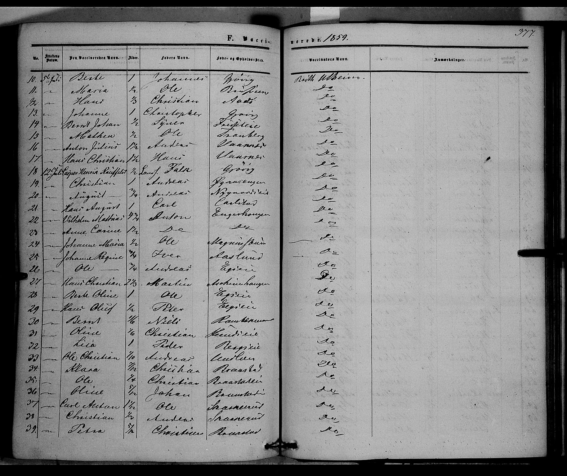 Vardal prestekontor, SAH/PREST-100/H/Ha/Haa/L0006: Parish register (official) no. 6, 1854-1866, p. 377