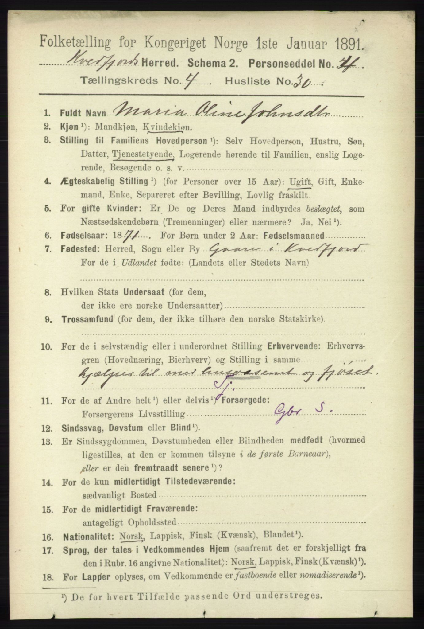 RA, 1891 census for 1911 Kvæfjord, 1891, p. 2090