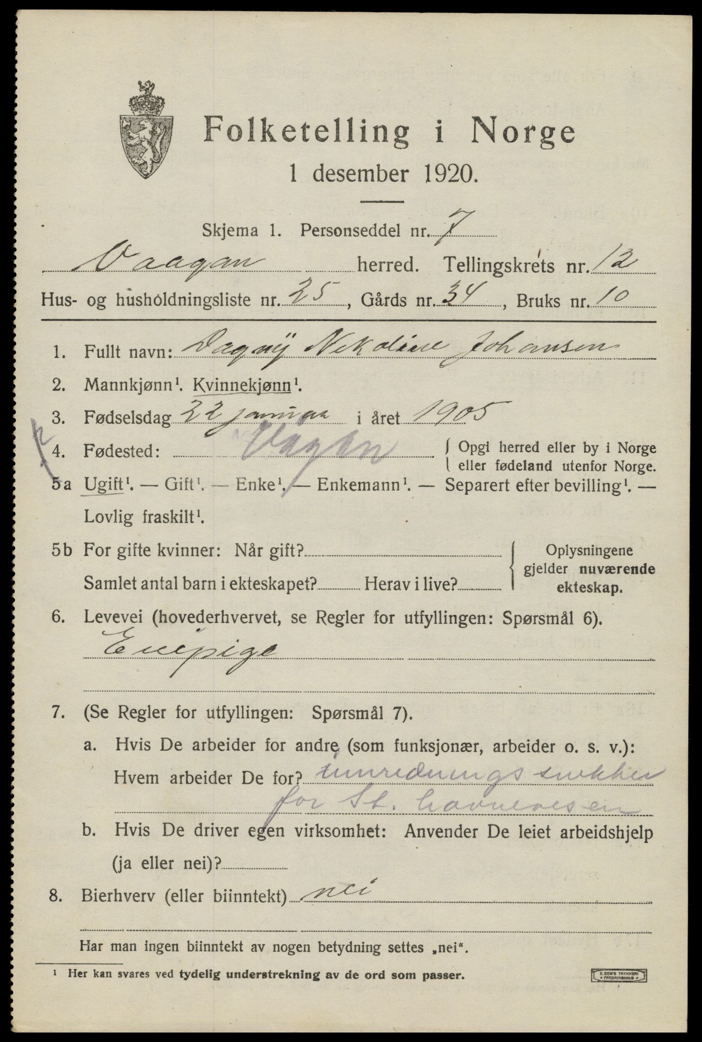 SAT, 1920 census for Vågan, 1920, p. 10327