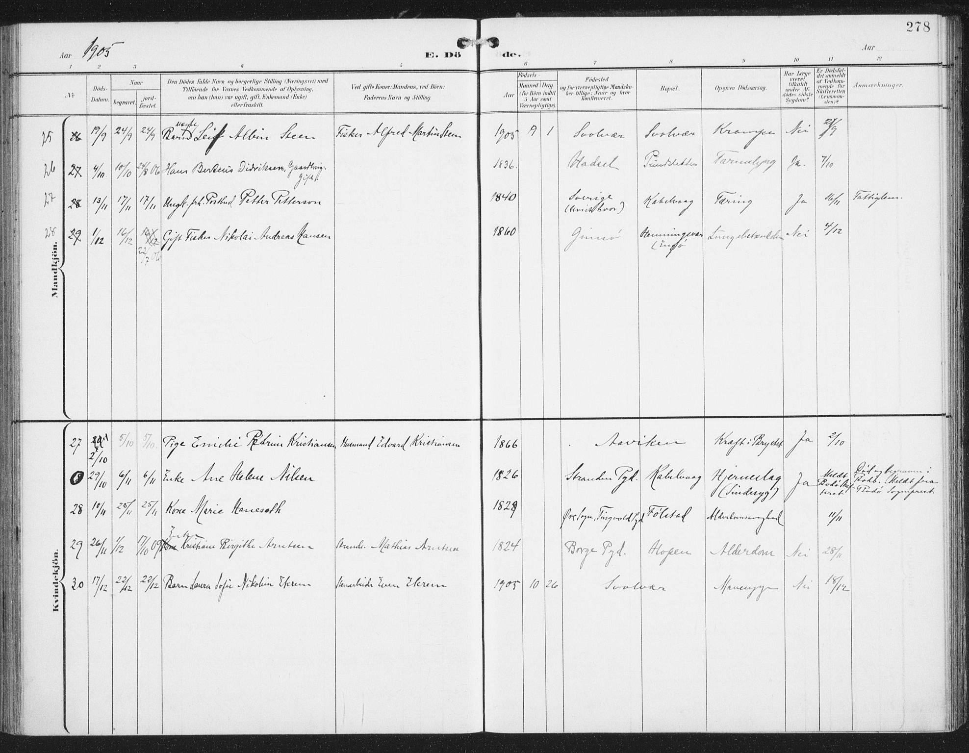 Ministerialprotokoller, klokkerbøker og fødselsregistre - Nordland, AV/SAT-A-1459/874/L1062: Parish register (official) no. 874A06, 1899-1907, p. 278