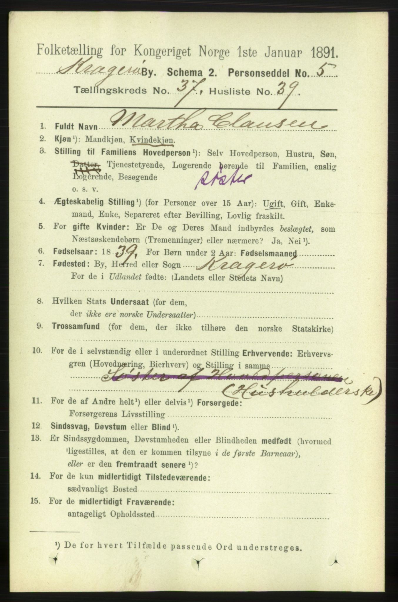 RA, 1891 census for 0801 Kragerø, 1891, p. 7013