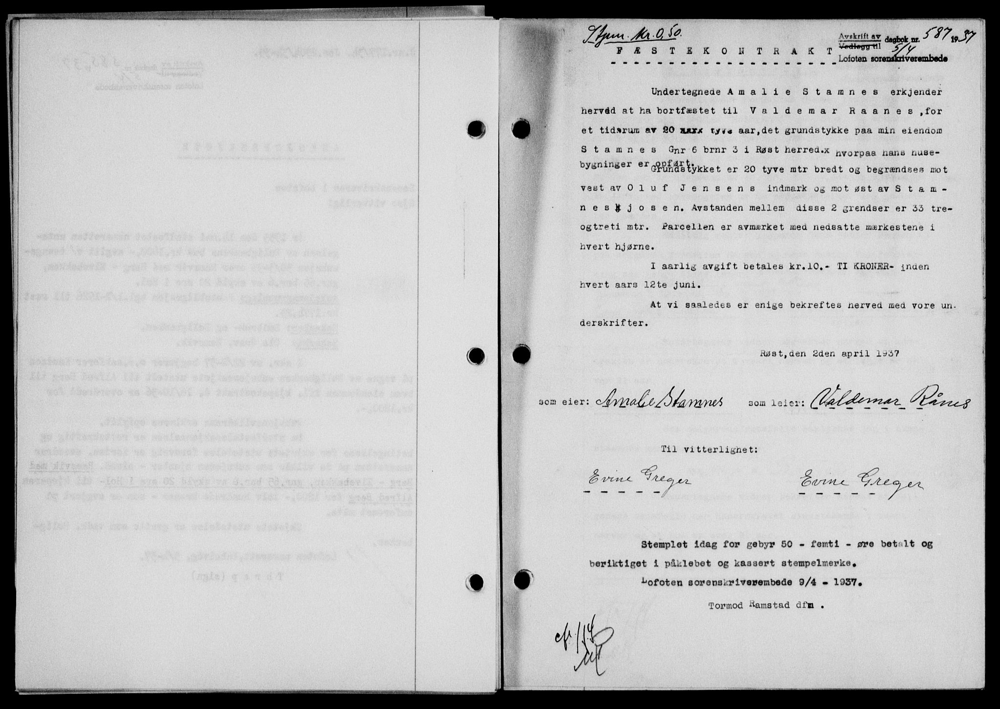 Lofoten sorenskriveri, SAT/A-0017/1/2/2C/L0002a: Mortgage book no. 2a, 1937-1937, Diary no: : 587/1937