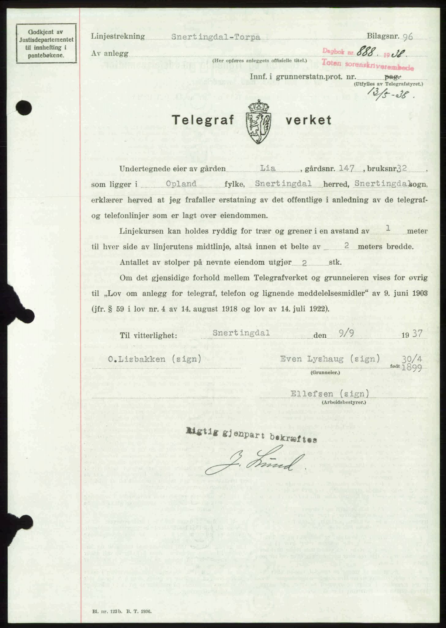 Toten tingrett, SAH/TING-006/H/Hb/Hbc/L0004: Mortgage book no. Hbc-04, 1938-1938, Diary no: : 888/1938