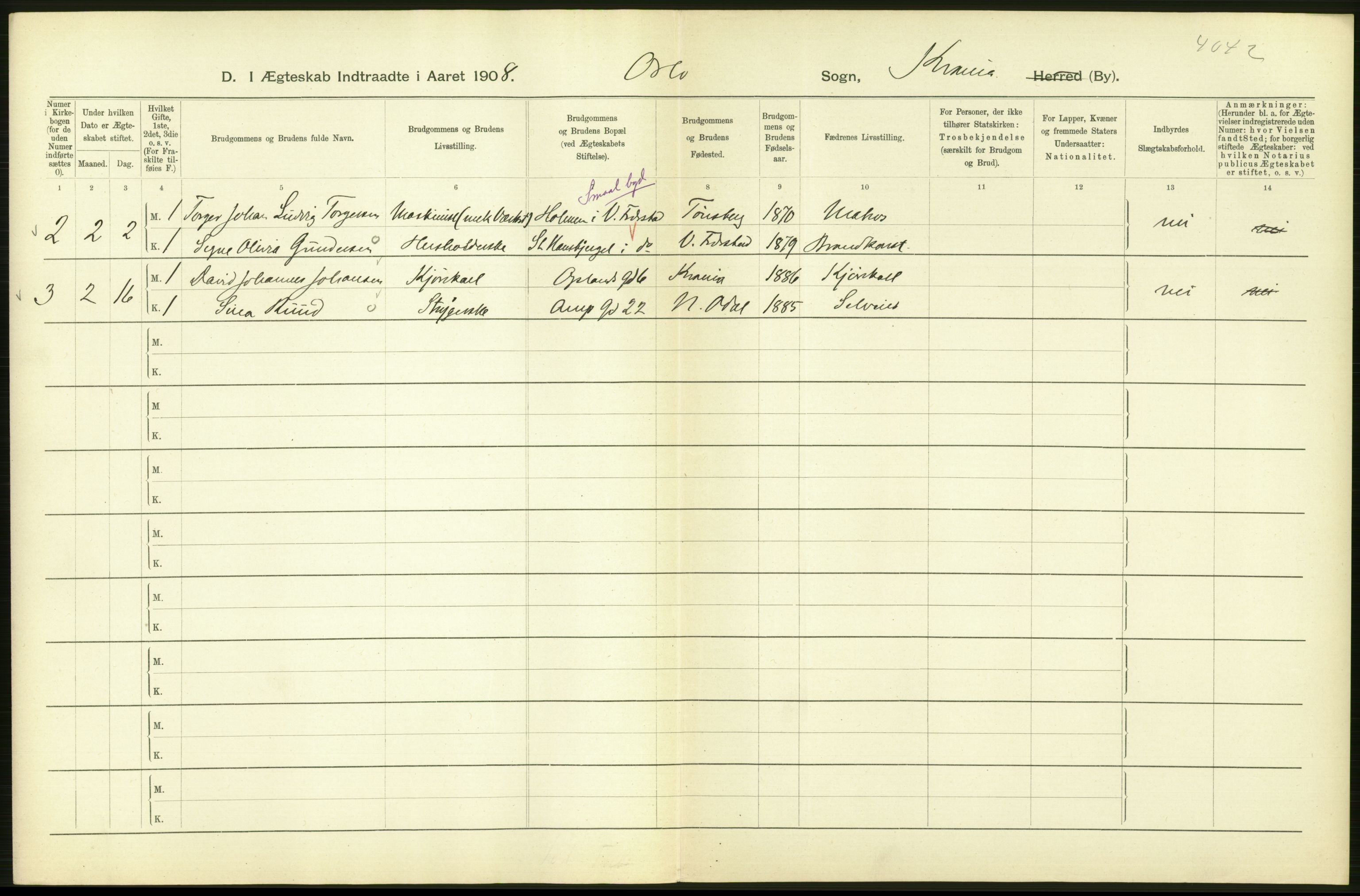 Statistisk sentralbyrå, Sosiodemografiske emner, Befolkning, AV/RA-S-2228/D/Df/Dfa/Dfaf/L0007: Kristiania: Gifte, 1908, p. 224