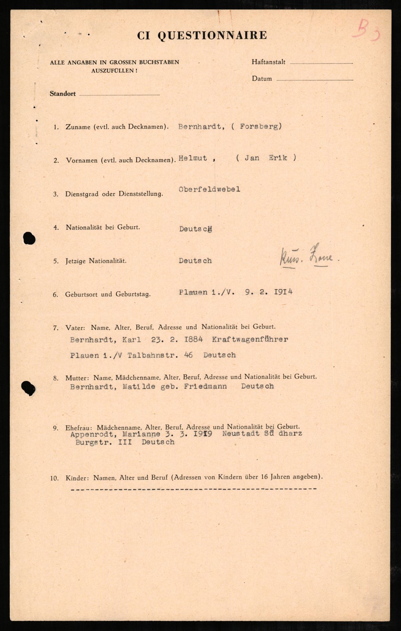 Forsvaret, Forsvarets overkommando II, RA/RAFA-3915/D/Db/L0002: CI Questionaires. Tyske okkupasjonsstyrker i Norge. Tyskere., 1945-1946, p. 601