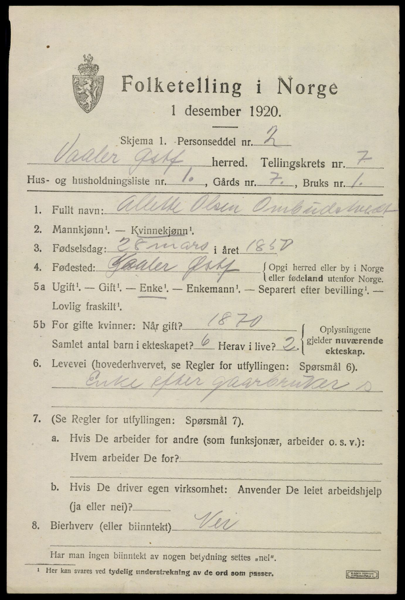 SAO, 1920 census for Våler, 1920, p. 3422