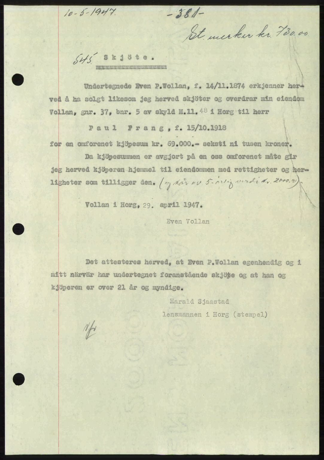 Gauldal sorenskriveri, SAT/A-0014/1/2/2C: Mortgage book no. A3, 1947-1947, Diary no: : 545/1947