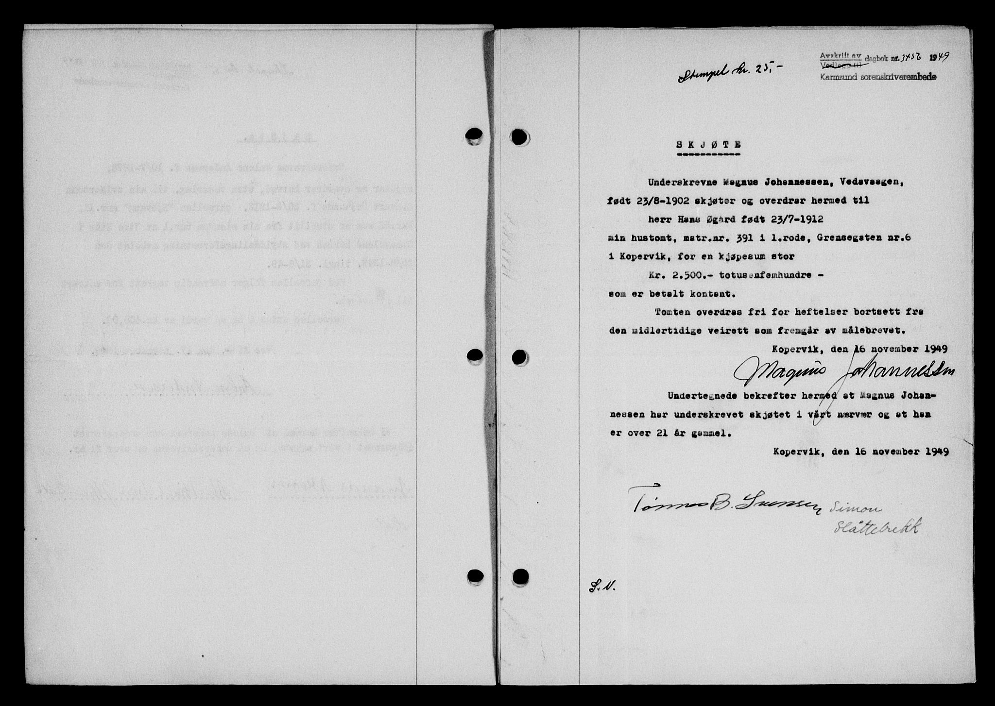 Karmsund sorenskriveri, SAST/A-100311/01/II/IIB/L0098: Mortgage book no. 78A, 1949-1950, Diary no: : 3456/1949