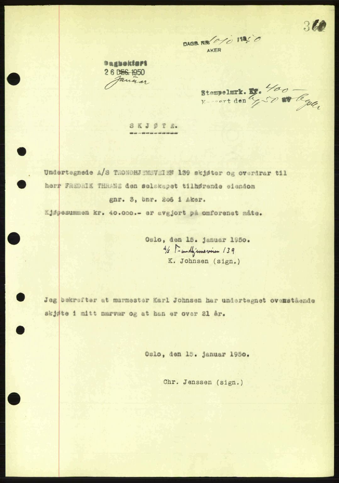 Oslo byskriverembete, AV/SAO-A-10227/G/Gb/Gbd/Gbda/L0017: Mortgage book no. A215, 1949-1950, Diary no: : 1010/1950