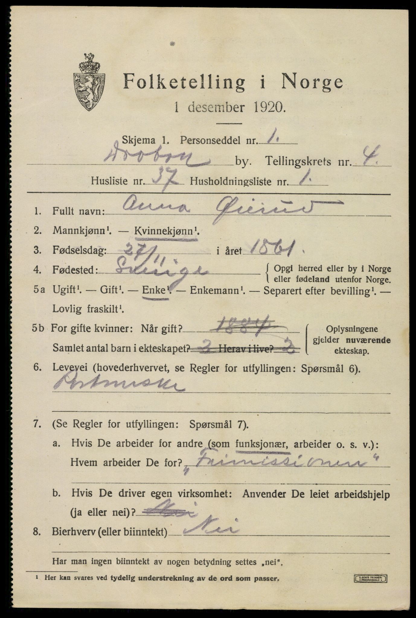 SAO, 1920 census for Drøbak, 1920, p. 4497