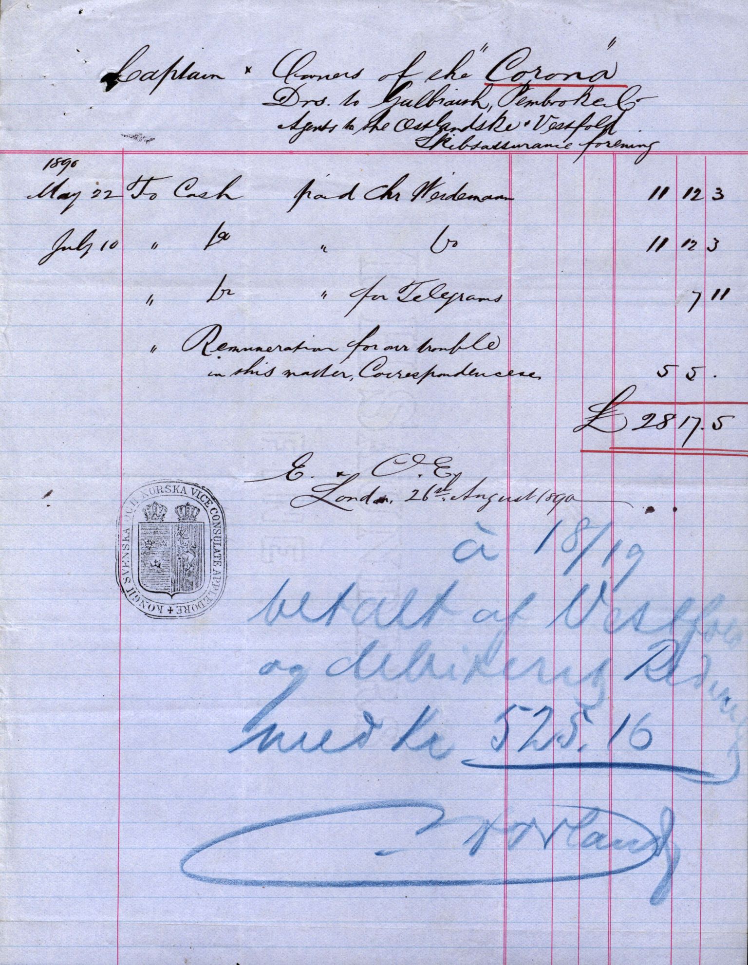 Pa 63 - Østlandske skibsassuranceforening, VEMU/A-1079/G/Ga/L0025/0003: Havaridokumenter / Josephine, Carl, Johanna, Castro, Comorin, Corona, 1890, p. 100