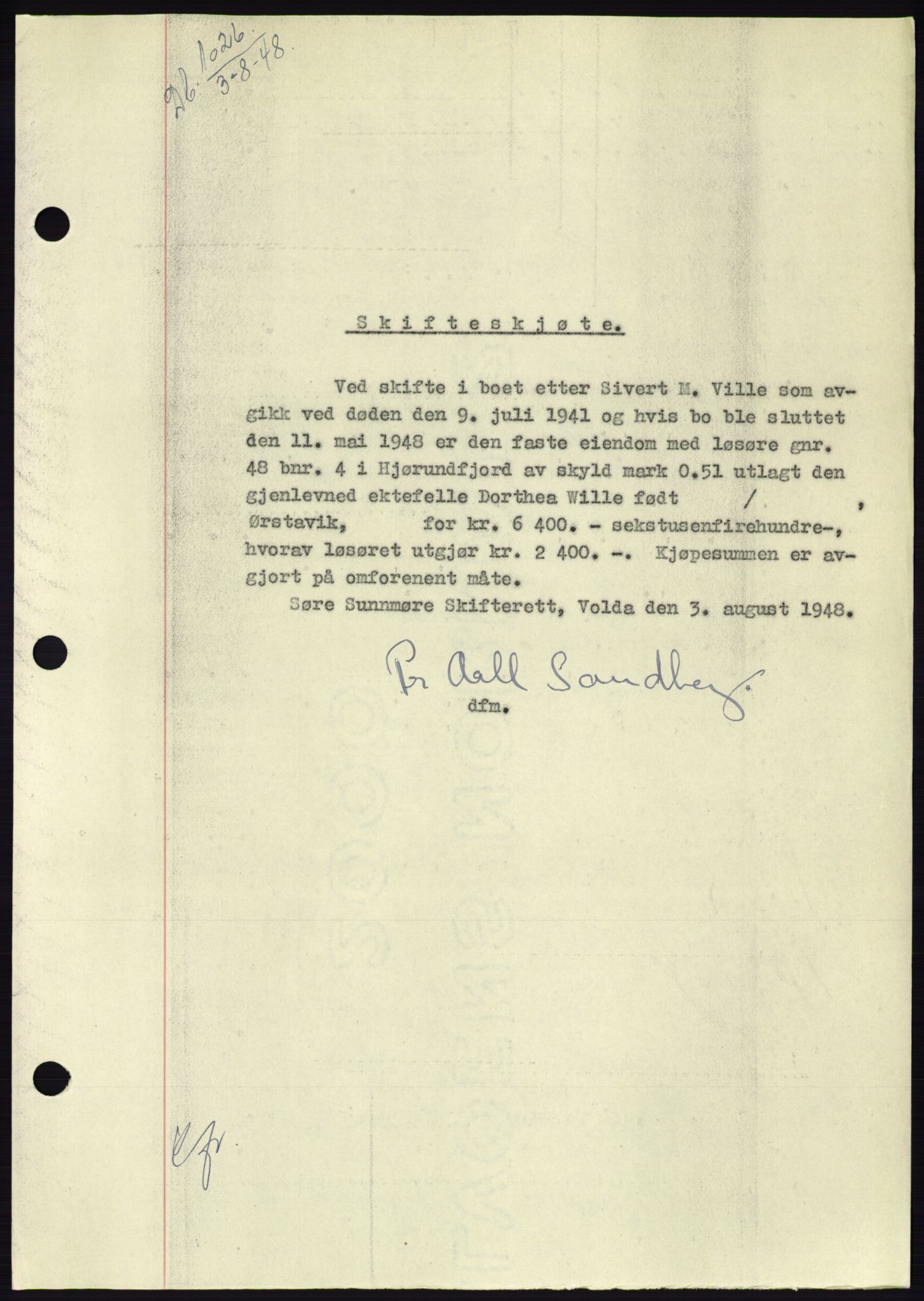 Søre Sunnmøre sorenskriveri, AV/SAT-A-4122/1/2/2C/L0082: Mortgage book no. 8A, 1948-1948, Diary no: : 1026/1948