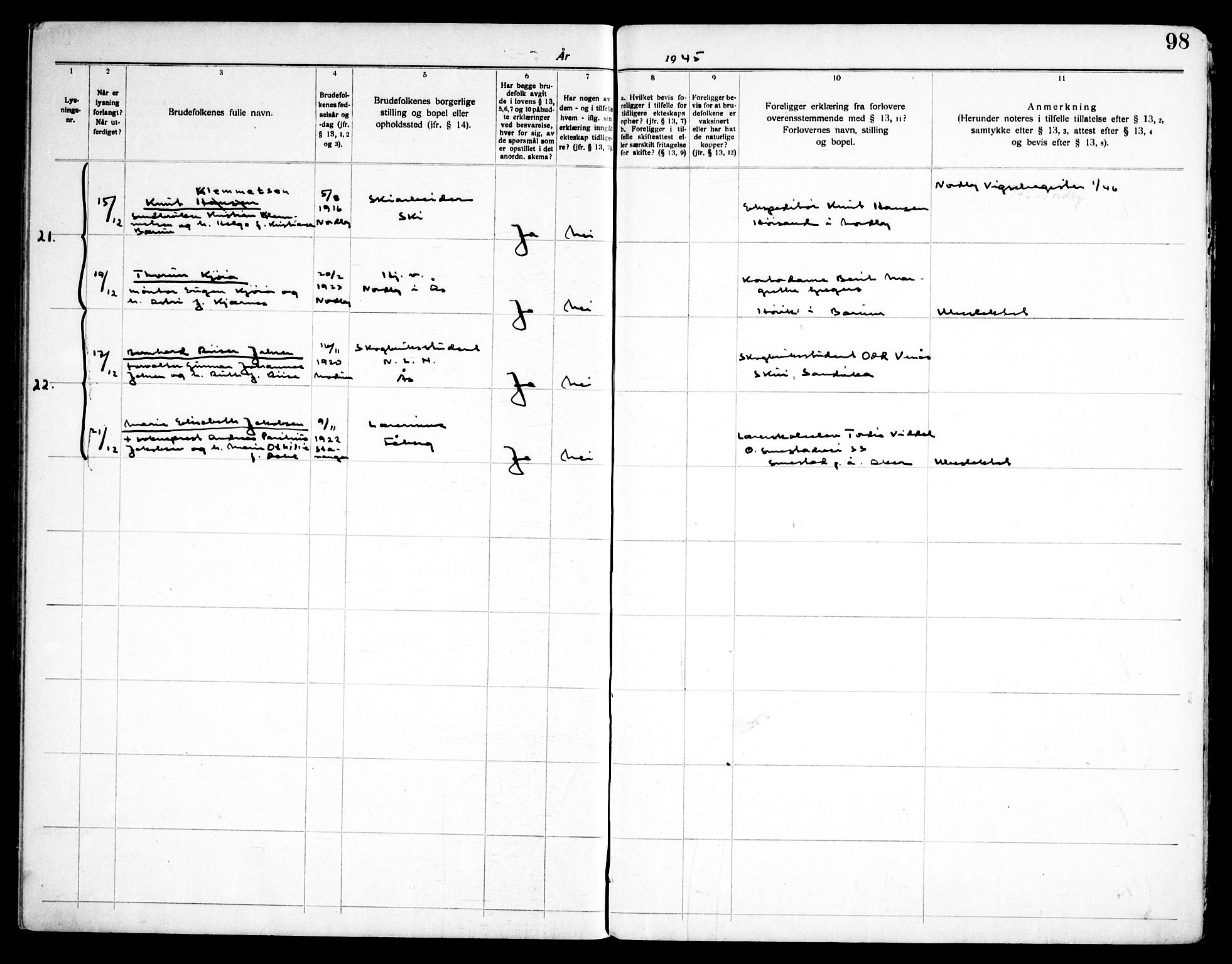 Ås prestekontor Kirkebøker, AV/SAO-A-10894/H/Ha/L0001: Banns register no. 1, 1919-1946, p. 98