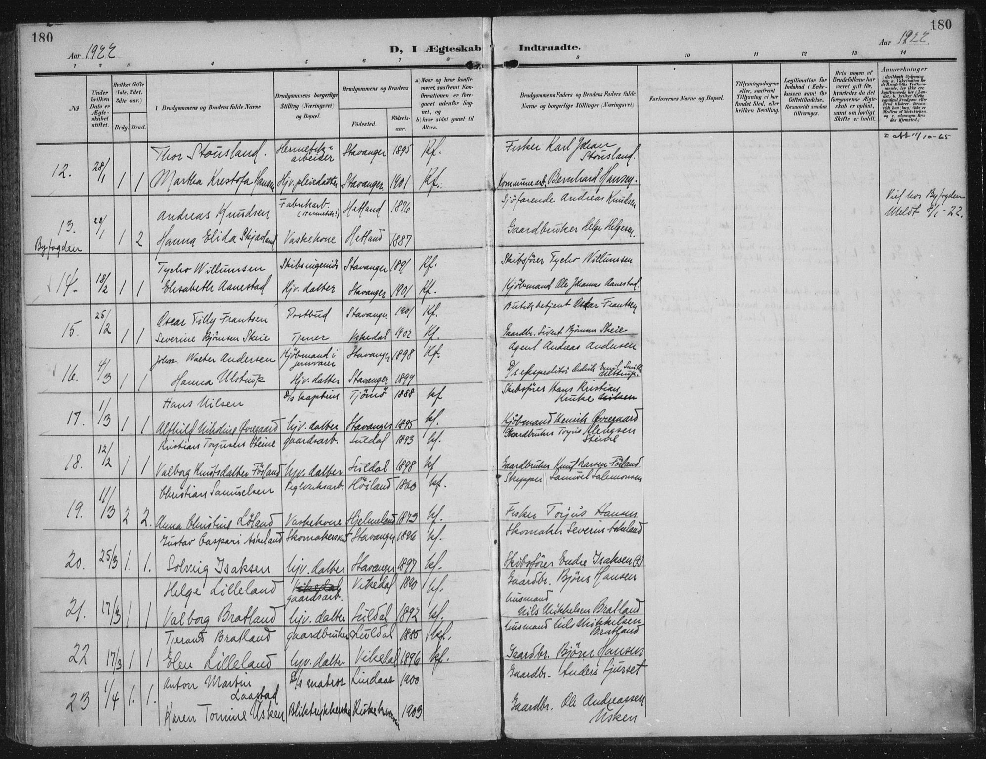 Domkirken sokneprestkontor, SAST/A-101812/002/A/L0016: Parish register (official) no. A 33, 1905-1922, p. 180
