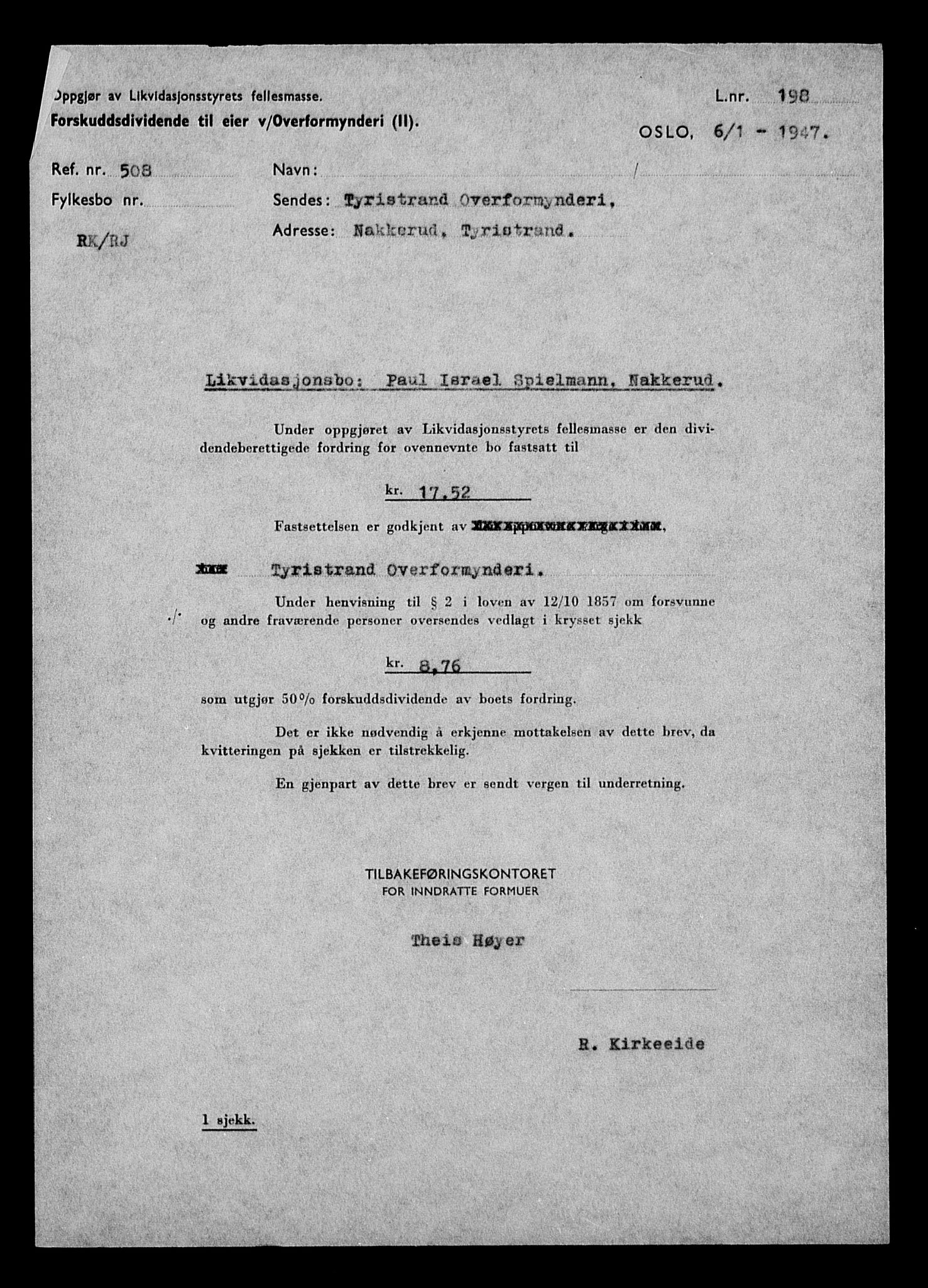 Justisdepartementet, Tilbakeføringskontoret for inndratte formuer, AV/RA-S-1564/H/Hc/Hcd/L1007: --, 1945-1947, p. 215