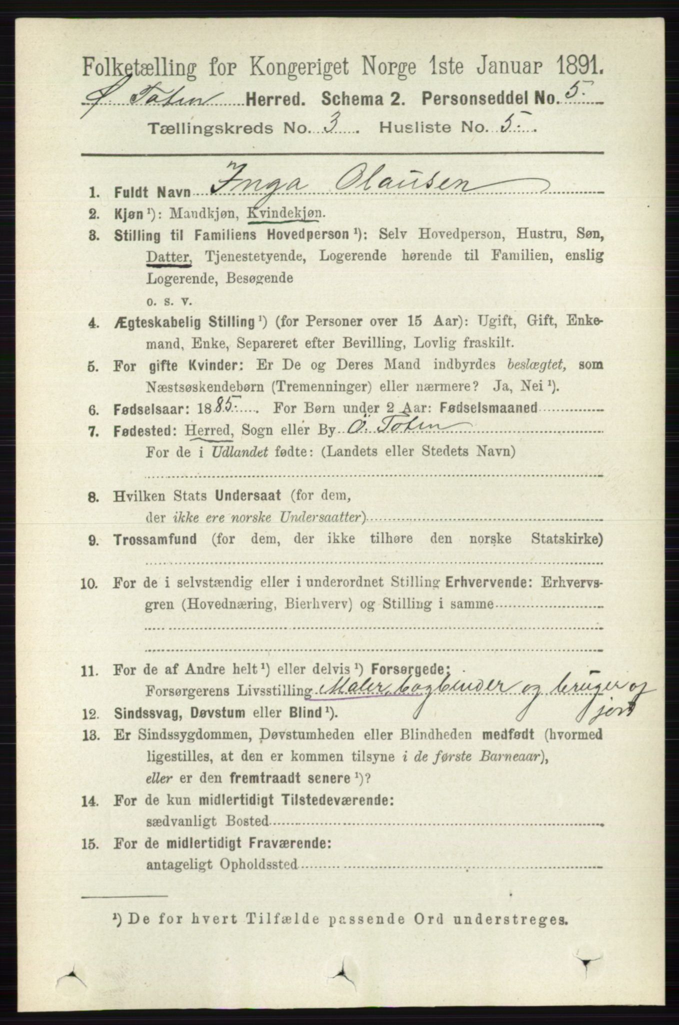 RA, 1891 census for 0528 Østre Toten, 1891, p. 1587