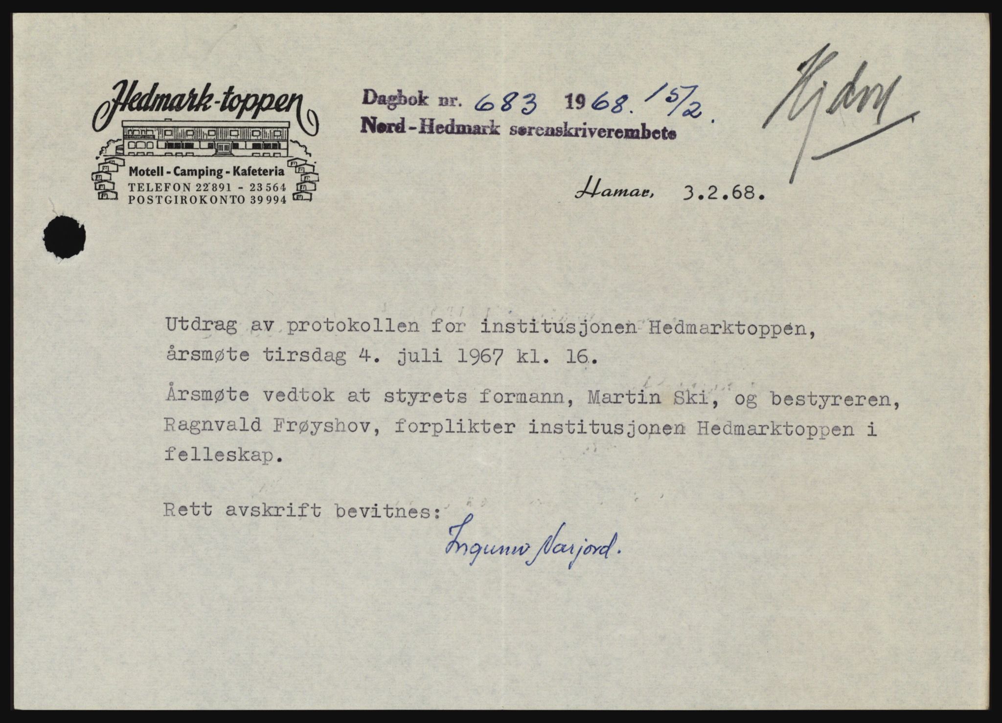 Nord-Hedmark sorenskriveri, SAH/TING-012/H/Hc/L0027: Mortgage book no. 27, 1967-1968, Diary no: : 683/1968