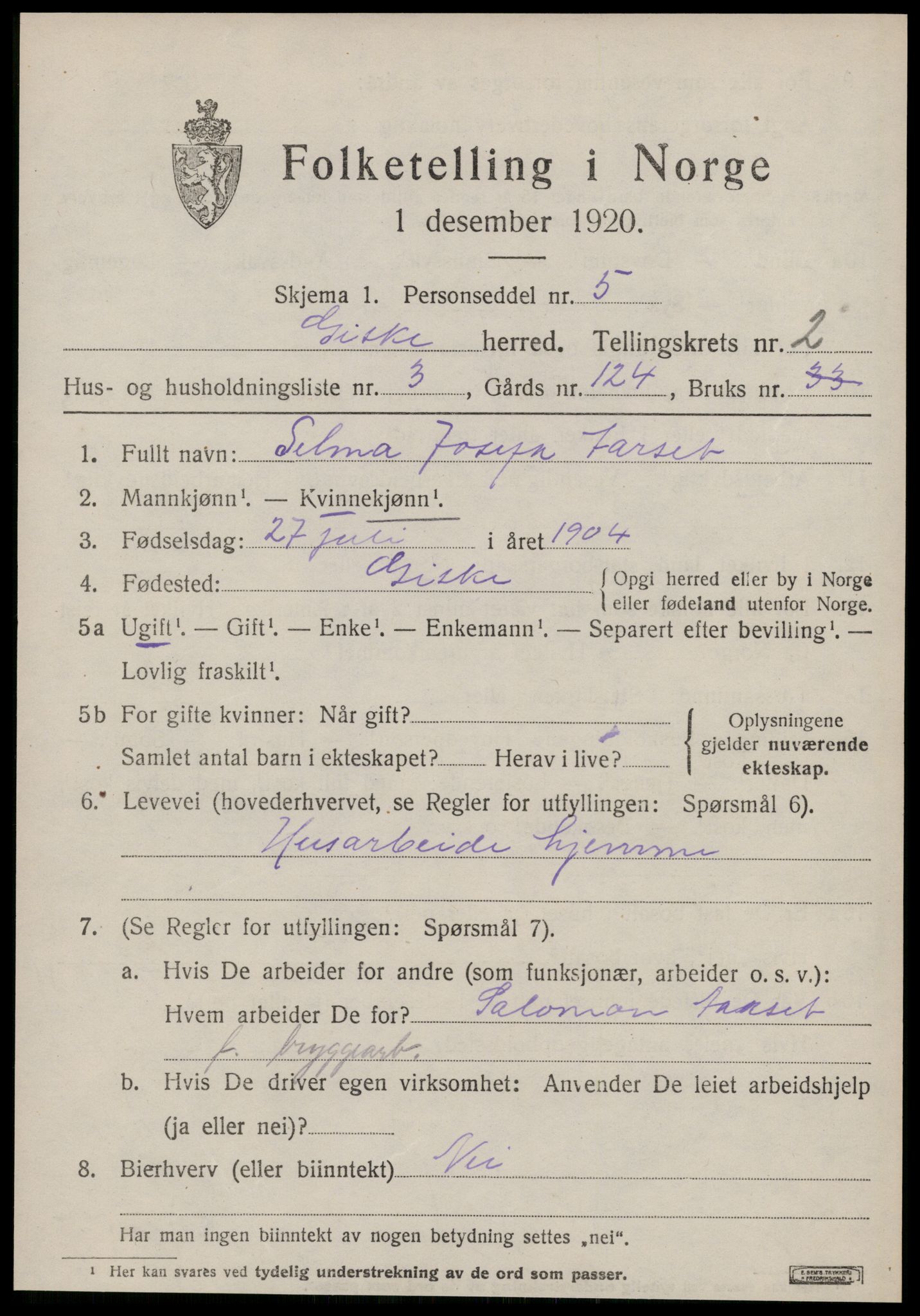 SAT, 1920 census for Giske, 1920, p. 908