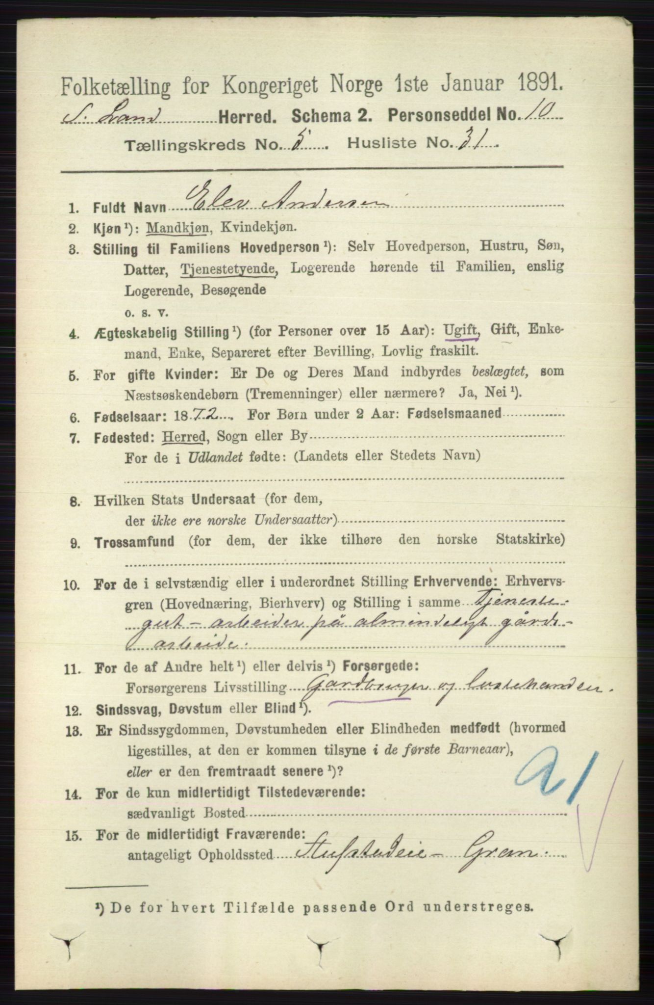 RA, 1891 census for 0536 Søndre Land, 1891, p. 5018