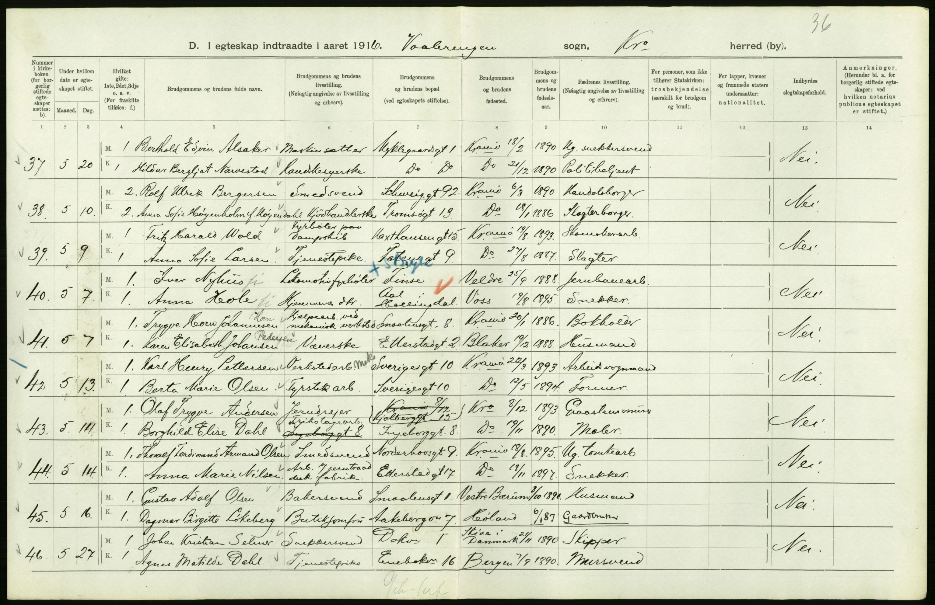 Statistisk sentralbyrå, Sosiodemografiske emner, Befolkning, RA/S-2228/D/Df/Dfb/Dfbf/L0008: Kristiania: Gifte, 1916, p. 800