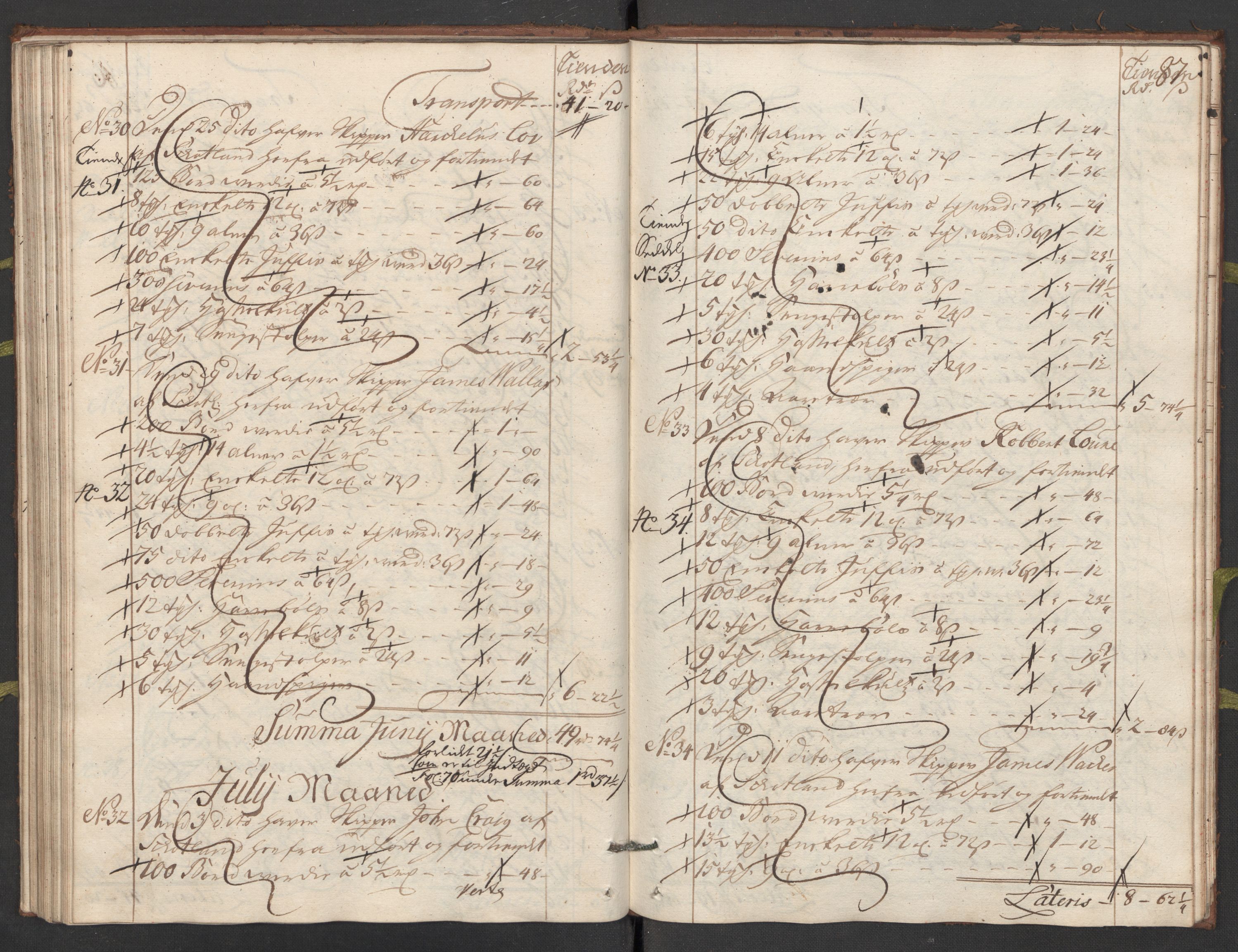Generaltollkammeret, tollregnskaper, AV/RA-EA-5490/R24/L0009/0001: Tollregnskaper Sunnhordland / Hovedtollbok, 1733, p. 86b-87a