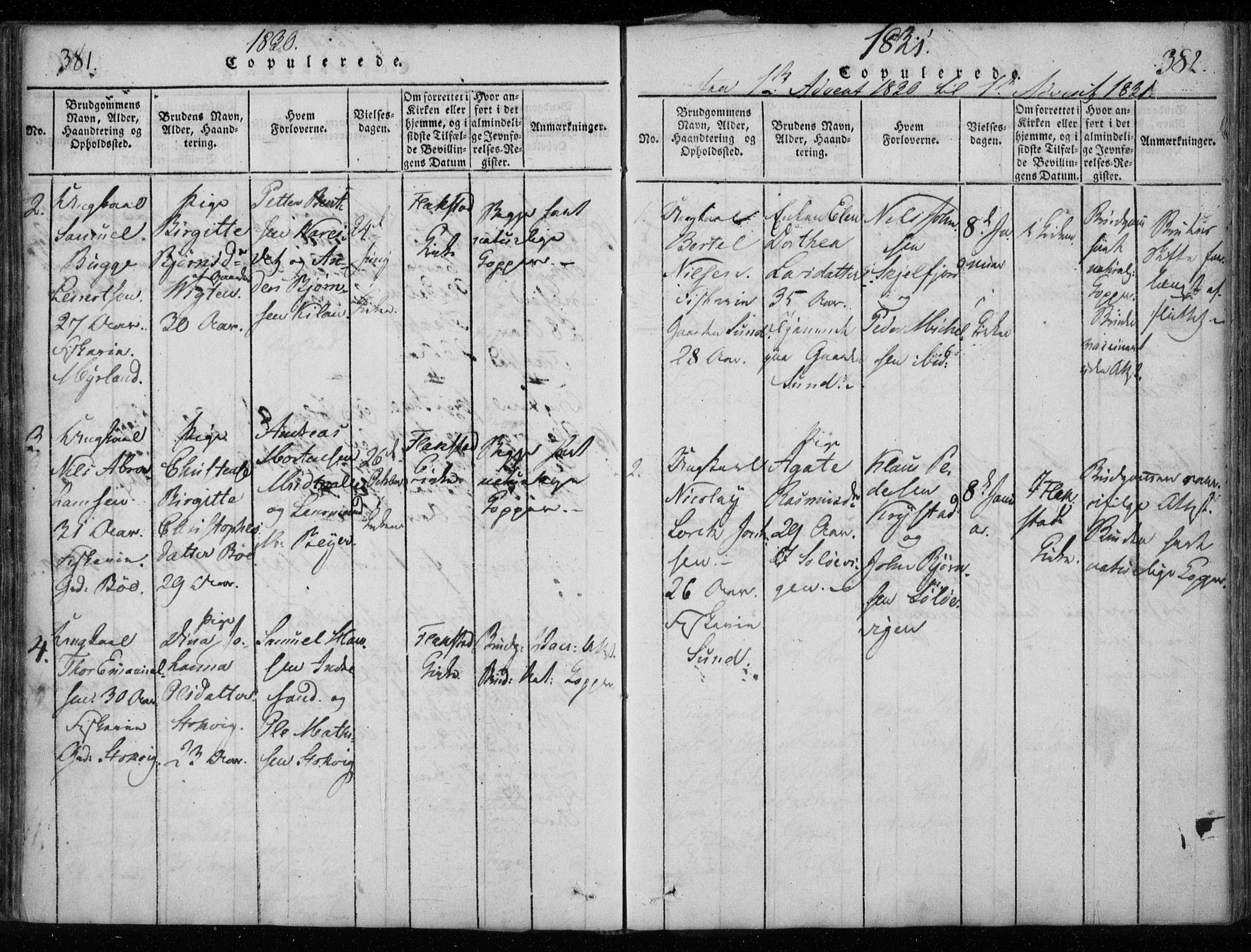 Ministerialprotokoller, klokkerbøker og fødselsregistre - Nordland, AV/SAT-A-1459/885/L1201: Parish register (official) no. 885A02, 1820-1837, p. 381-382