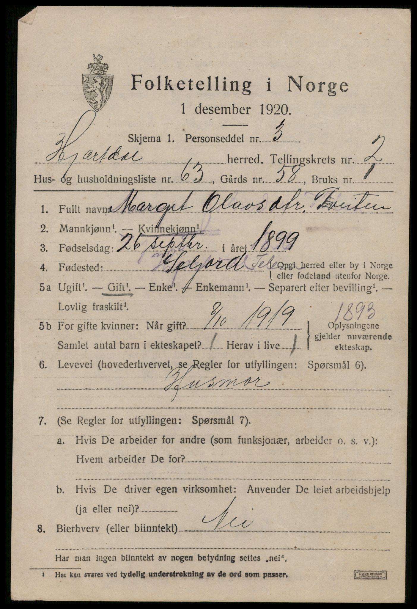 SAKO, 1920 census for Hjartdal, 1920, p. 2508