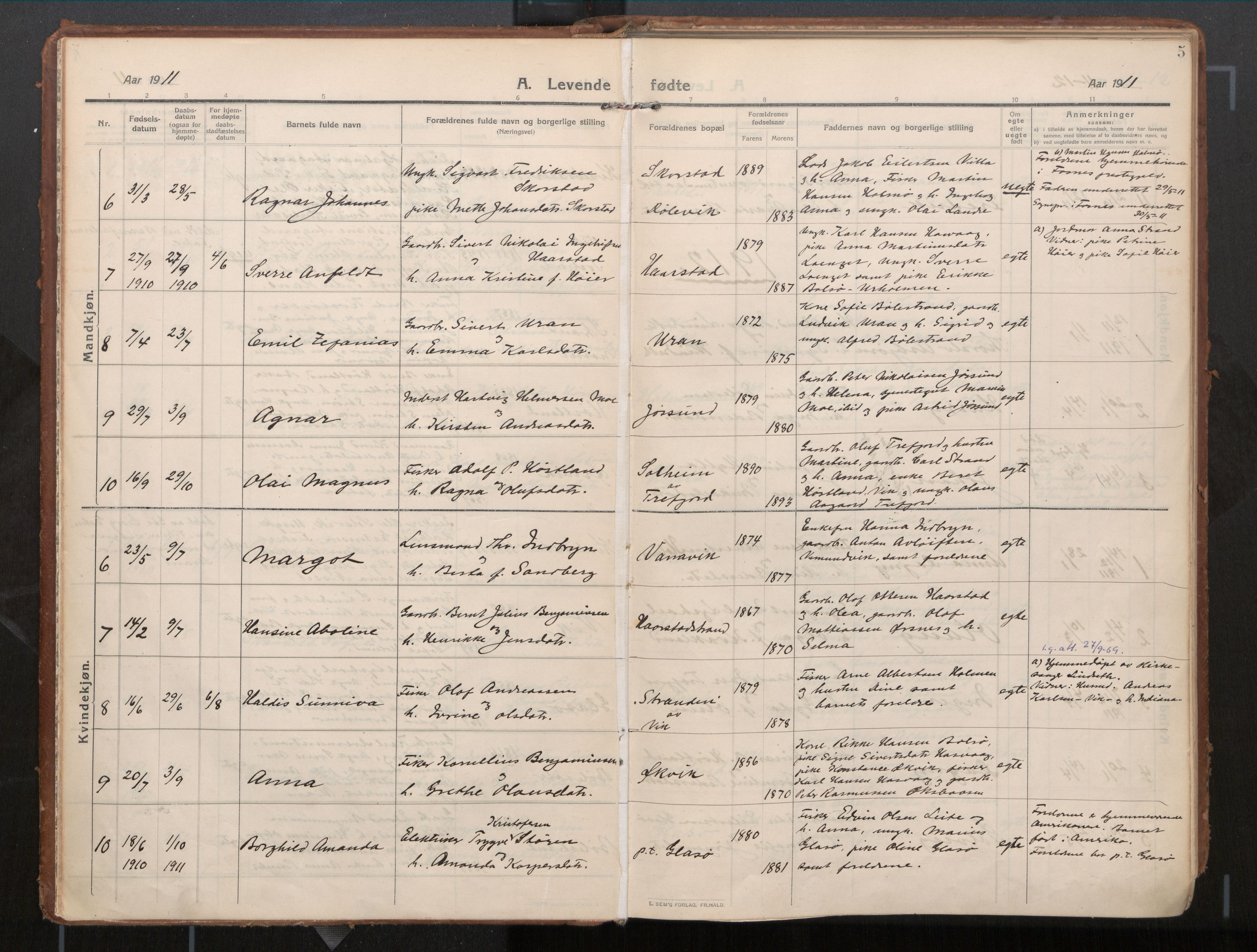 Ministerialprotokoller, klokkerbøker og fødselsregistre - Nord-Trøndelag, AV/SAT-A-1458/771/L0598: Parish register (official) no. 771A05, 1911-1937, p. 5