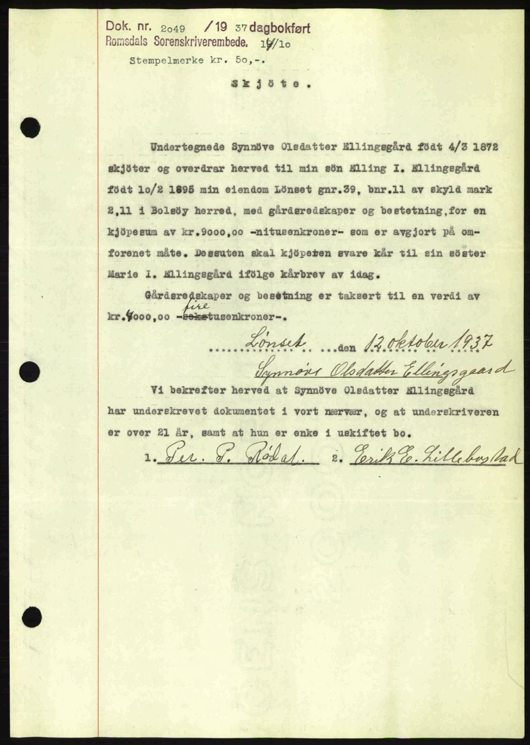 Romsdal sorenskriveri, AV/SAT-A-4149/1/2/2C: Mortgage book no. A4, 1937-1938, Diary no: : 2049/1937