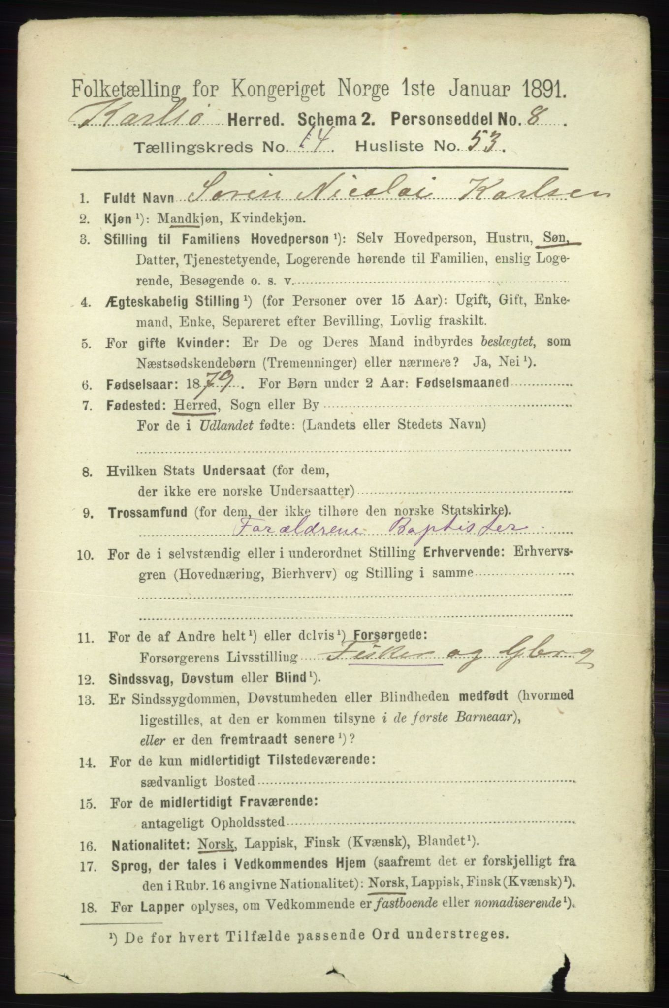 RA, 1891 census for 1936 Karlsøy, 1891, p. 1225