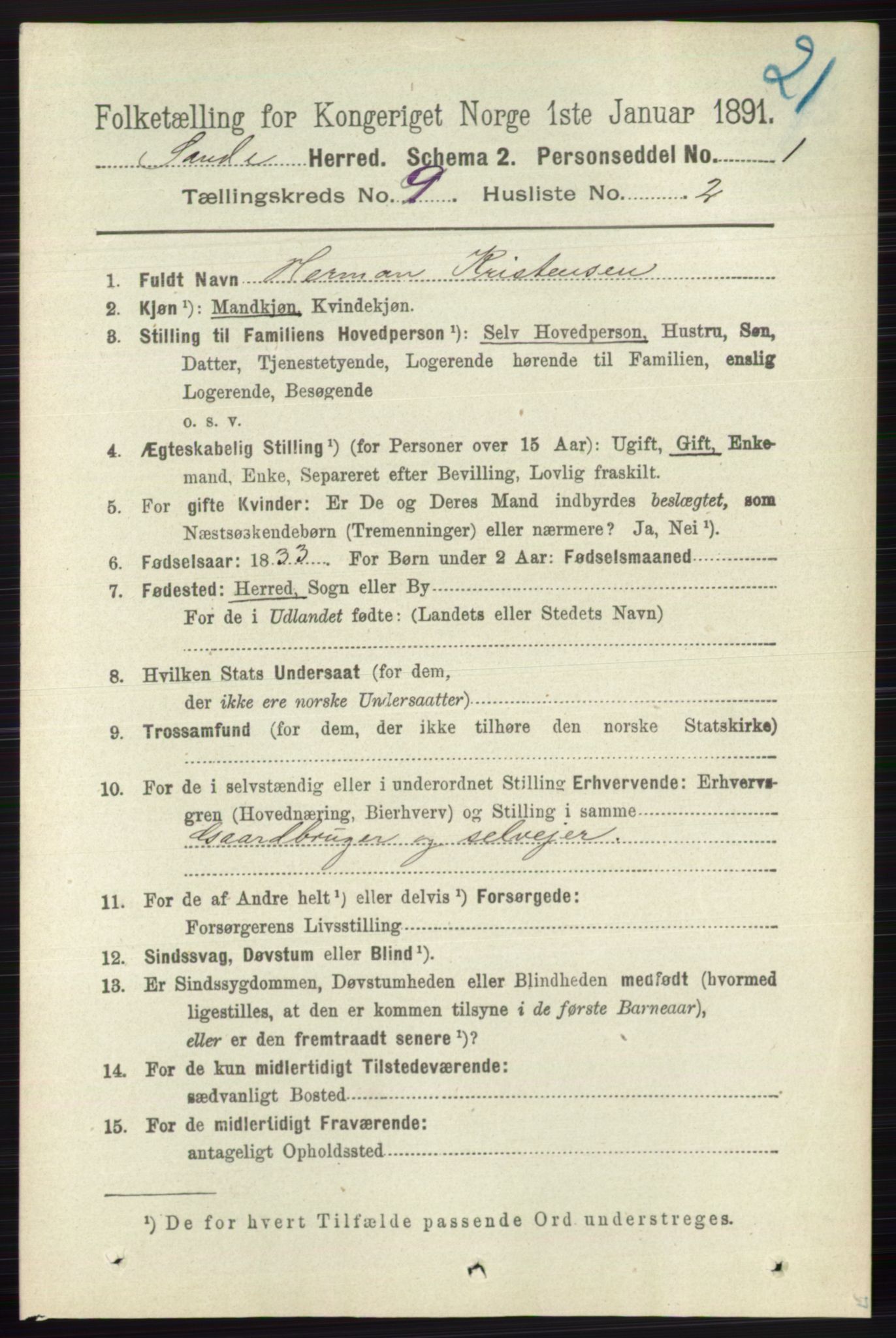 RA, 1891 census for 0713 Sande, 1891, p. 3938