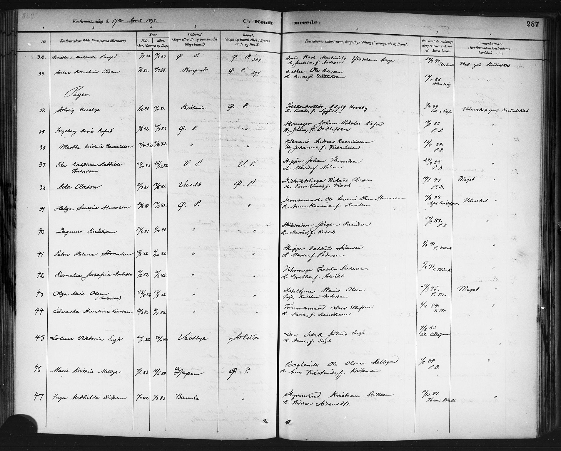 Porsgrunn kirkebøker , AV/SAKO-A-104/G/Gb/L0005: Parish register (copy) no. II 5, 1883-1915, p. 287